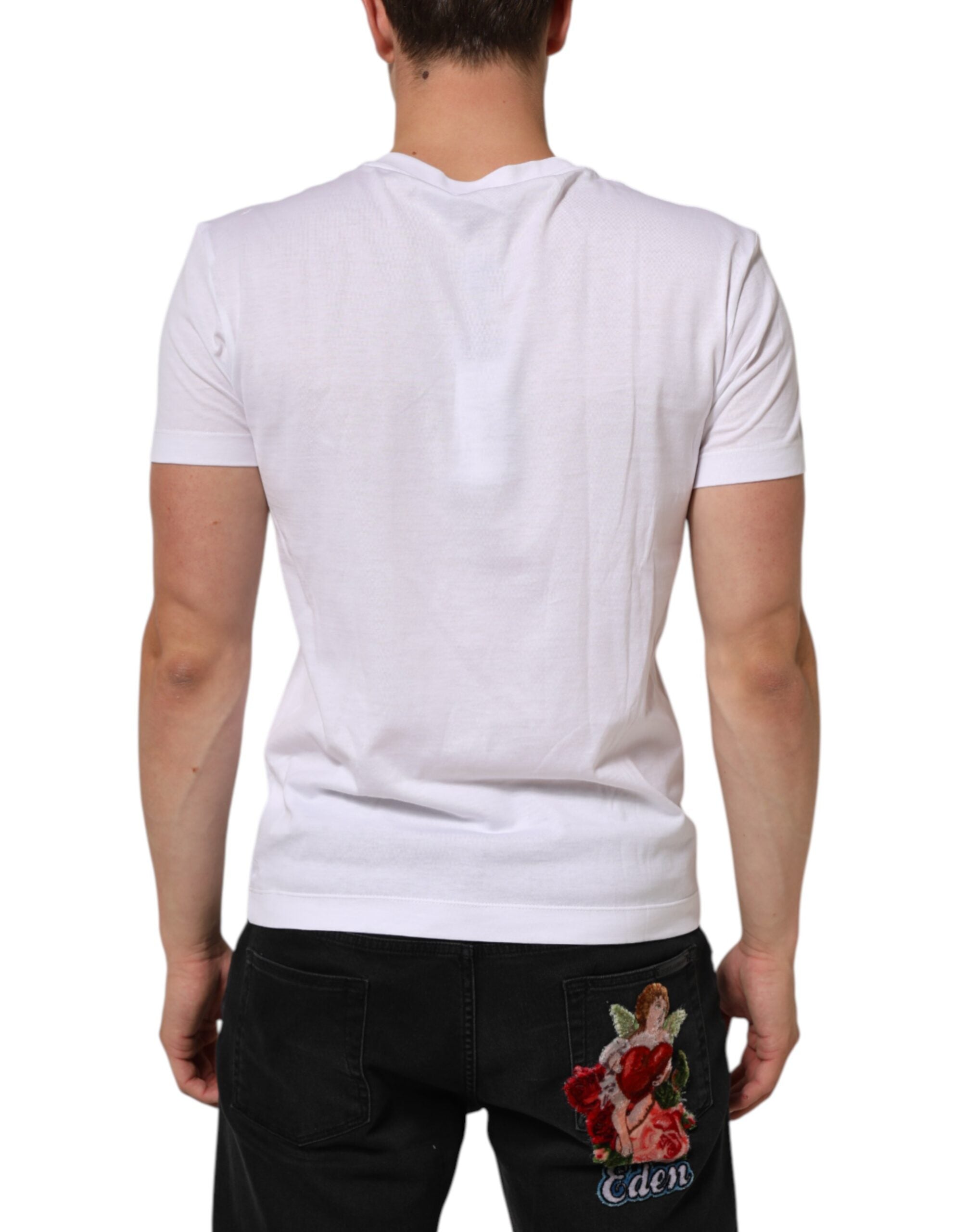 Dolce & Gabbana White Logo Print Cotton Men Crew Neck Men's T-shirt (Pre-Owned)