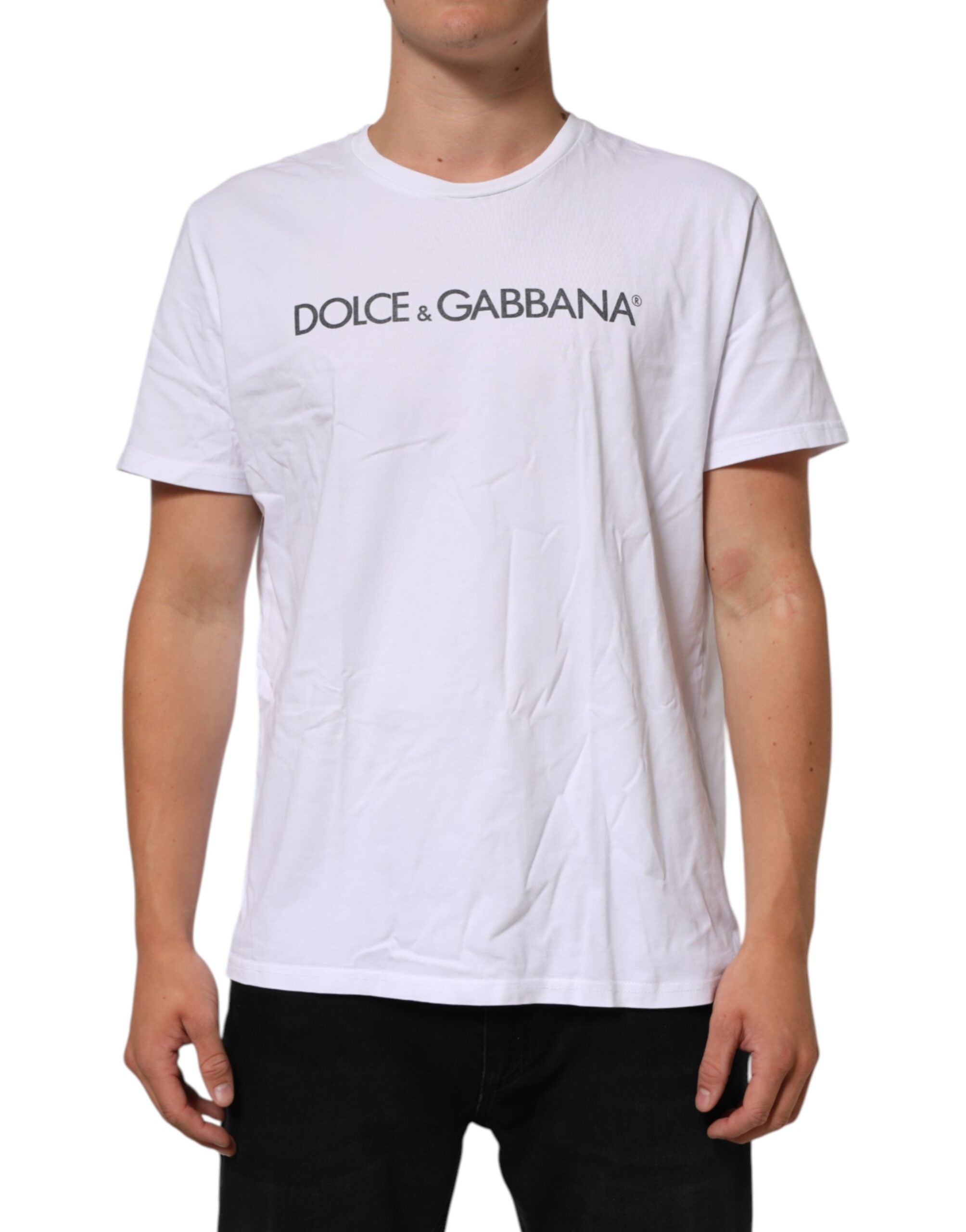 Dolce & Gabbana White Logo Print Cotton Crew Neck Men's T-shirt (Pre-Owned)