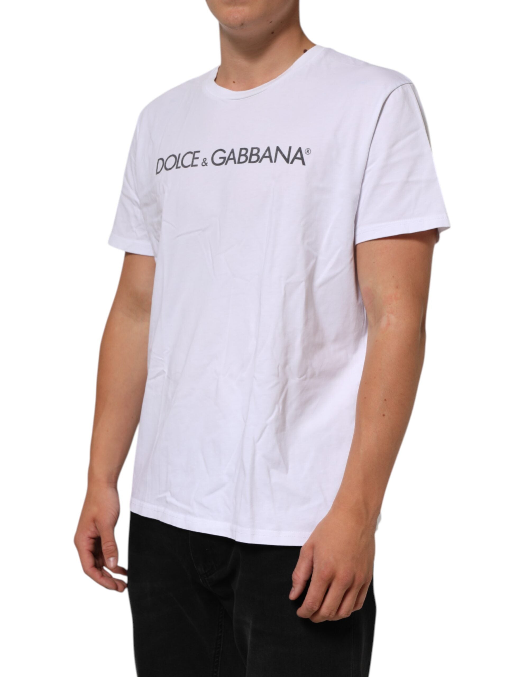 Dolce & Gabbana White Logo Print Cotton Crew Neck Men's T-shirt (Pre-Owned)