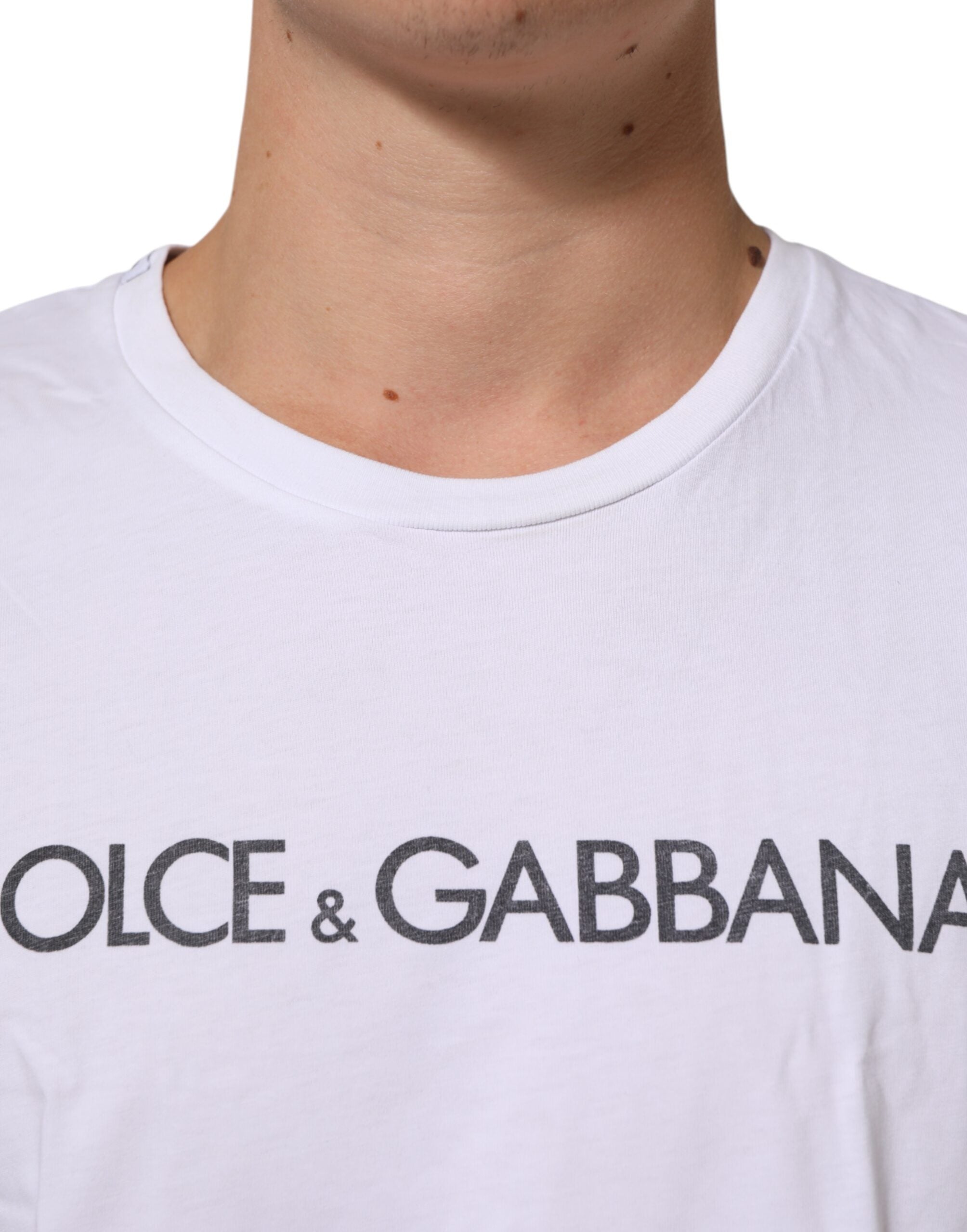 Dolce & Gabbana White Logo Print Cotton Crew Neck Men's T-shirt (Pre-Owned)