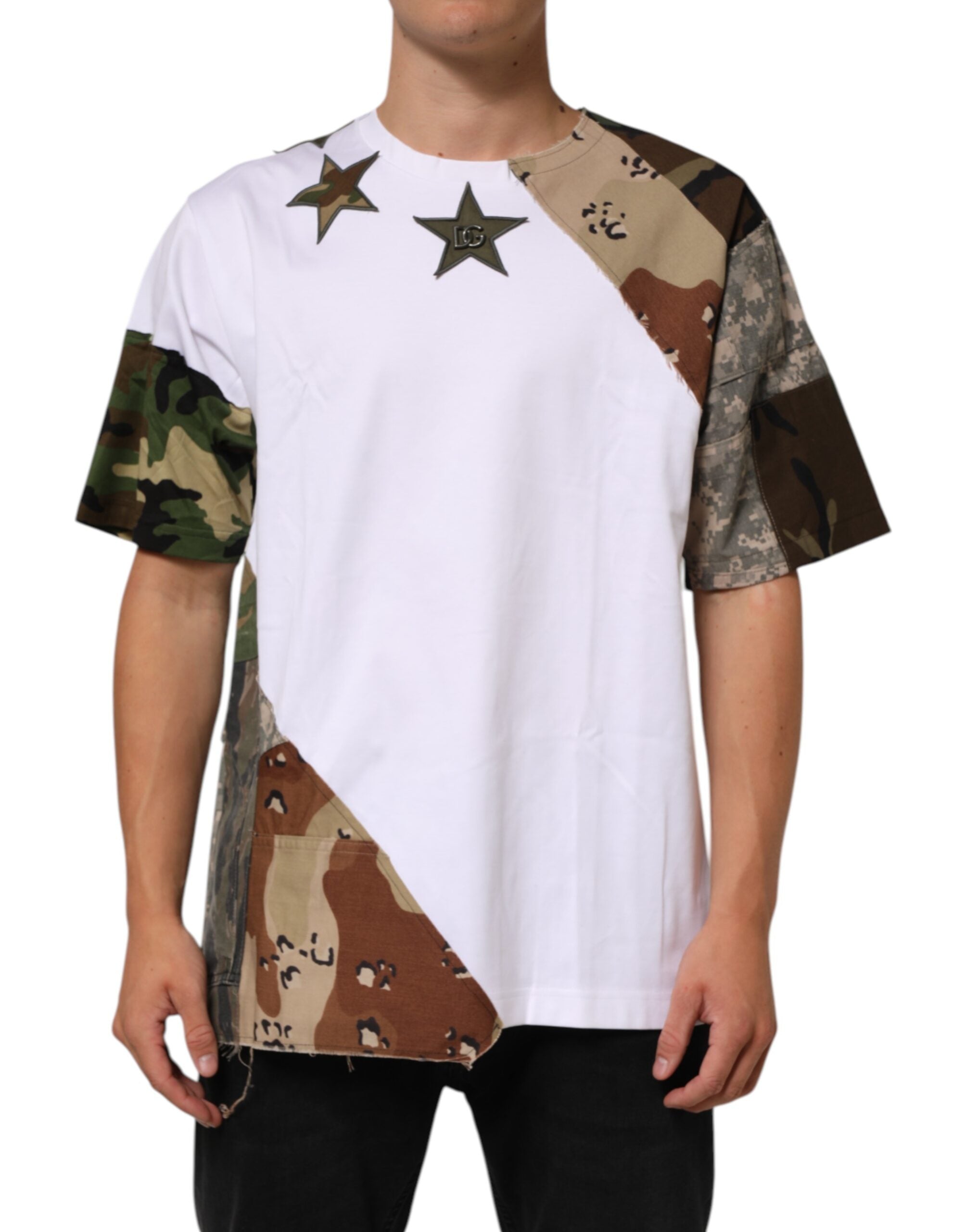Dolce & Gabbana White Camouflage Patckwork Men Cotton Men's T-shirt