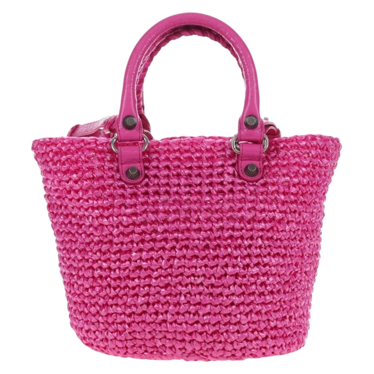 Balenciaga Le Cagole Panier Woven Raffia And Leather Pink Plastic Tote Bag Bag (Pre-Owned)