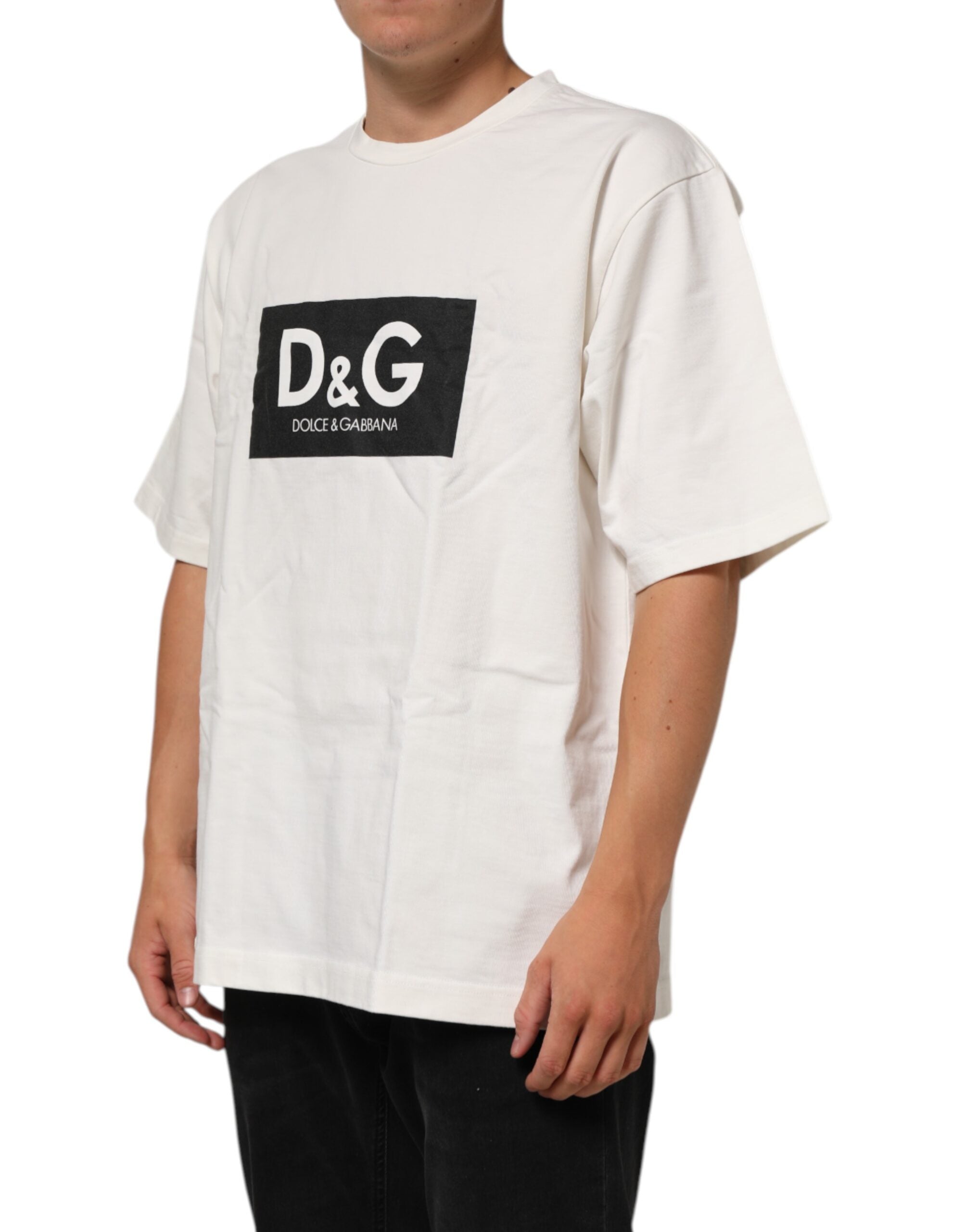 Dolce & Gabbana White Logo Print Cotton Crew Neck Men Men's T-shirt