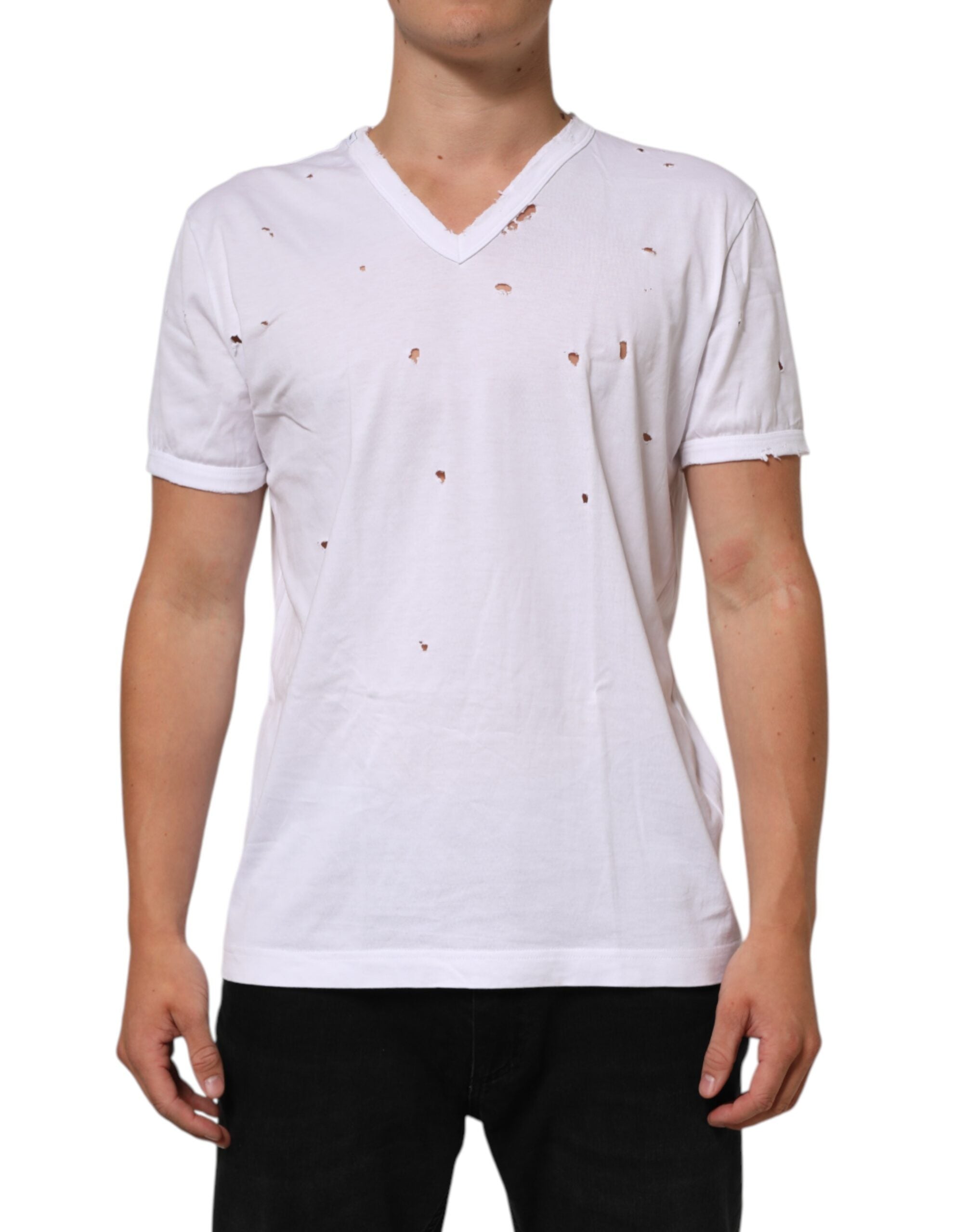 Dolce & Gabbana White Distressed Cotton V Neck Men Men's T-shirt