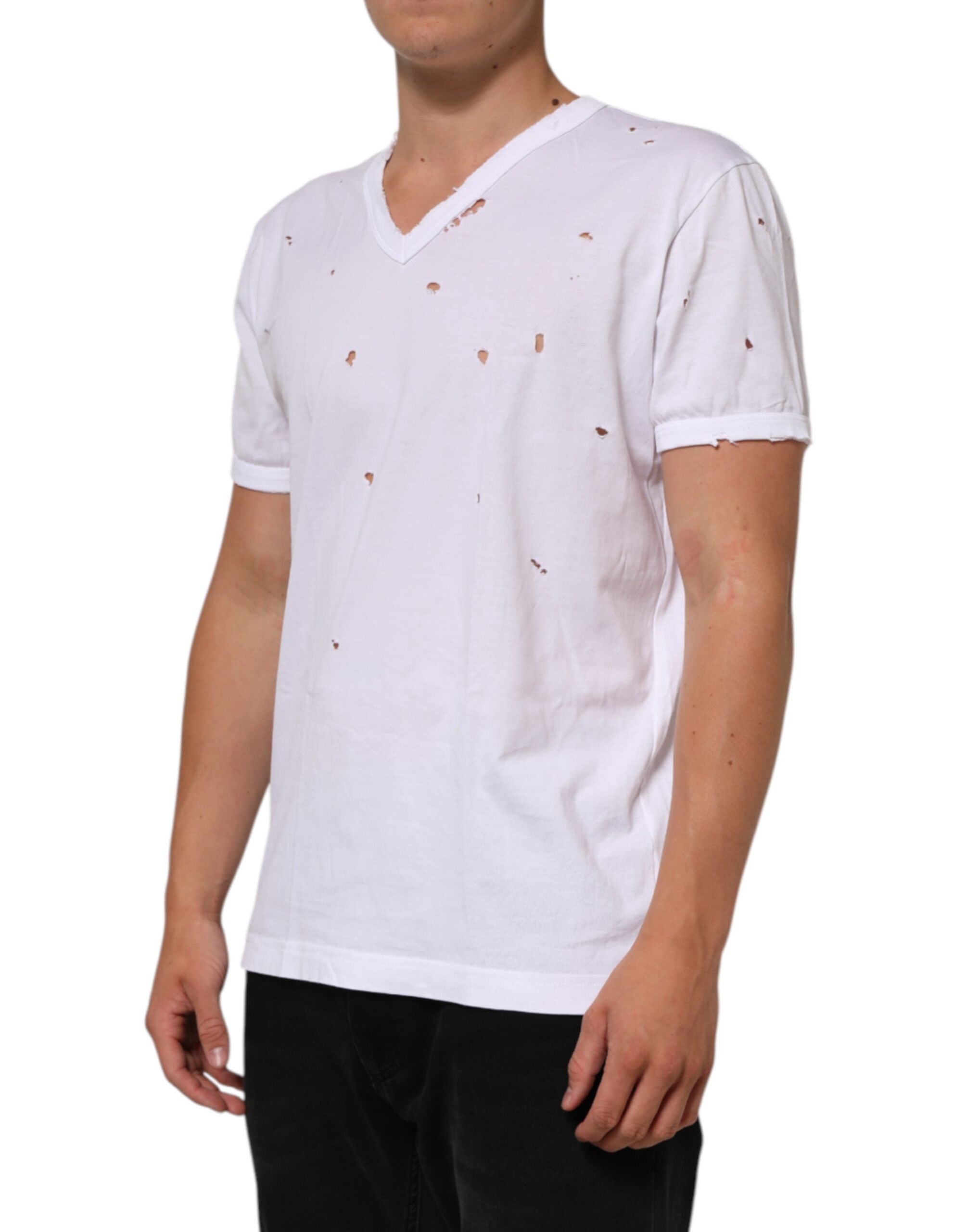 Dolce & Gabbana White Distressed Cotton V Neck Men Men's T-shirt