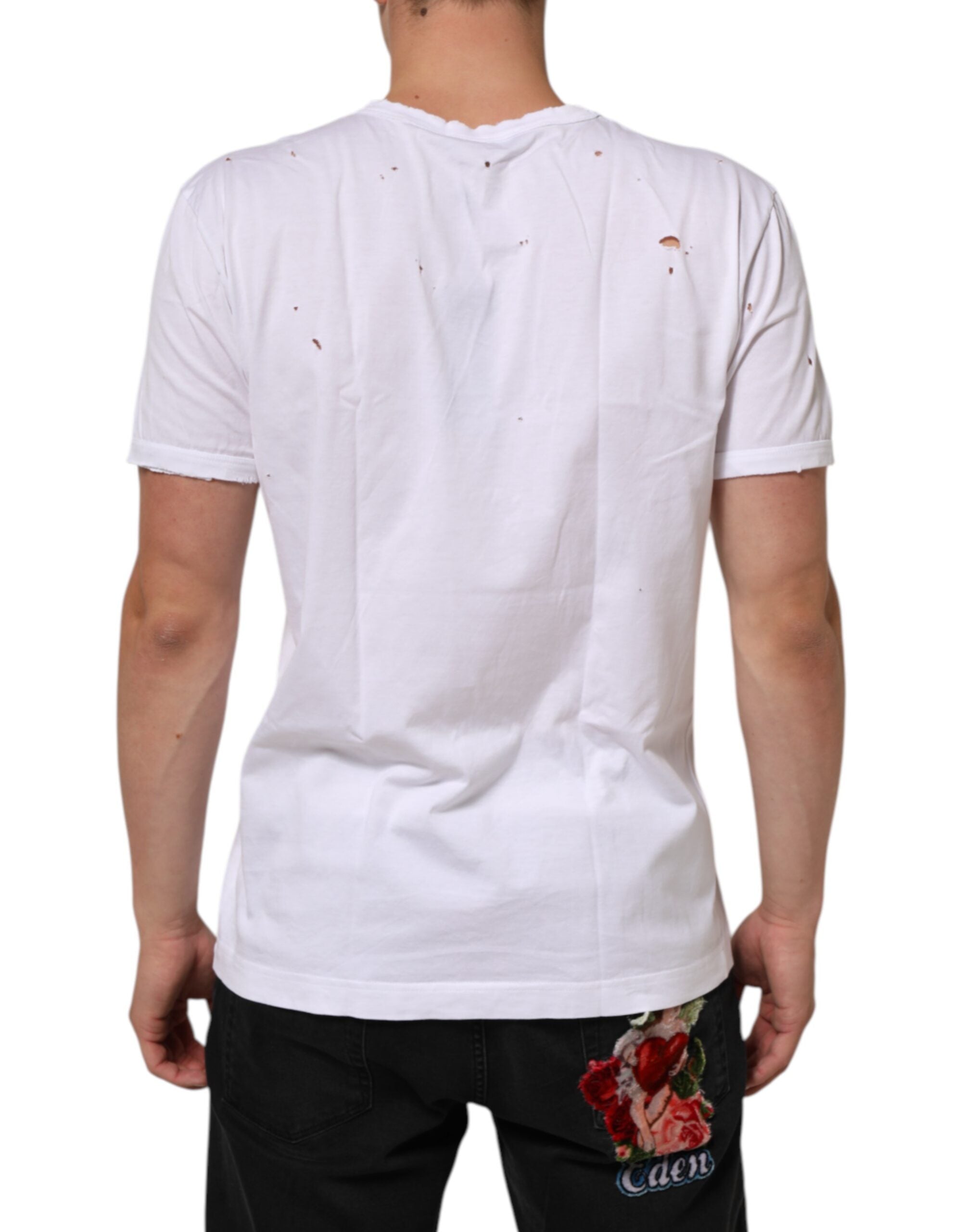 Dolce & Gabbana White Distressed Cotton V Neck Men Men's T-shirt