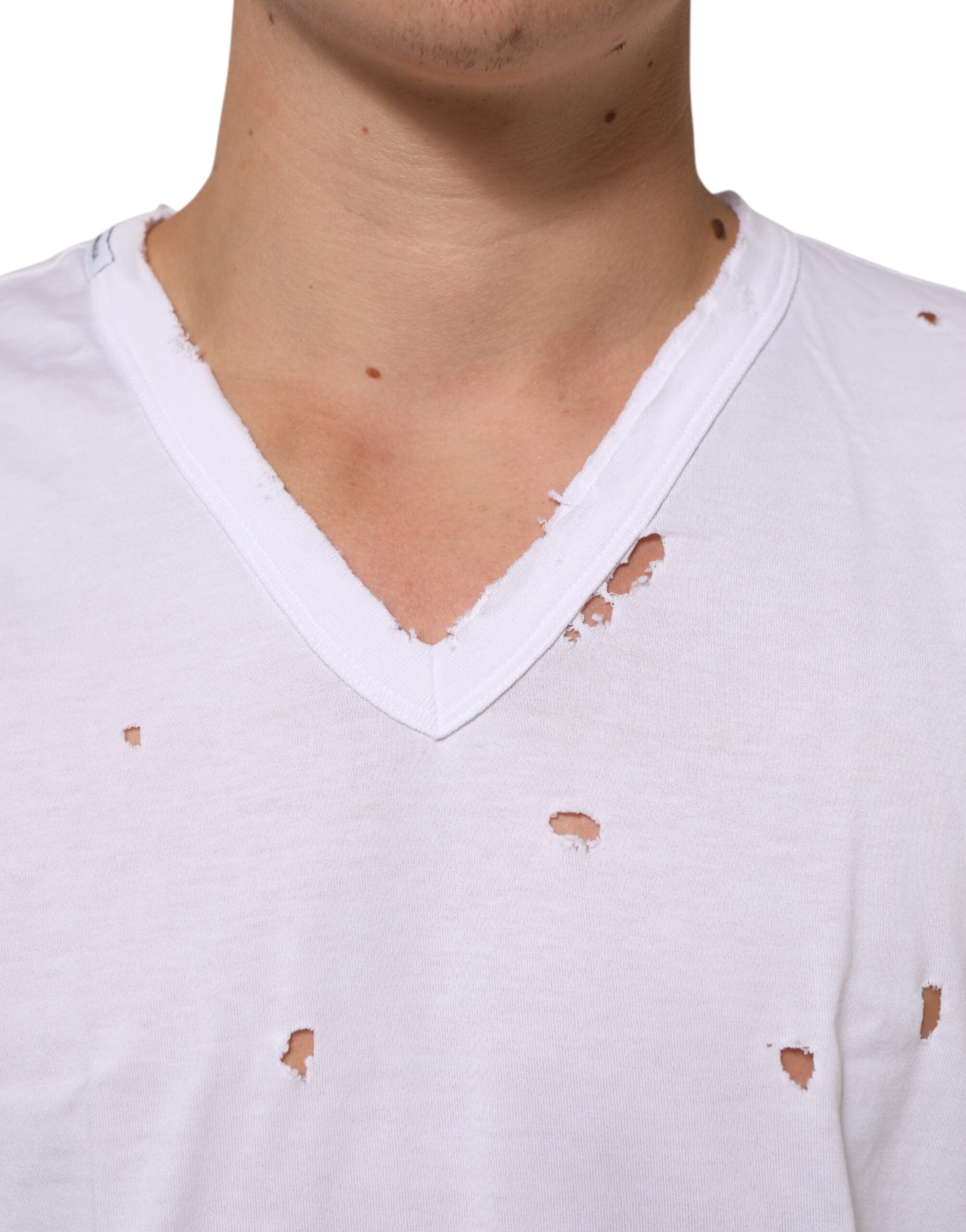 Dolce & Gabbana White Distressed Cotton V Neck Men Men's T-shirt