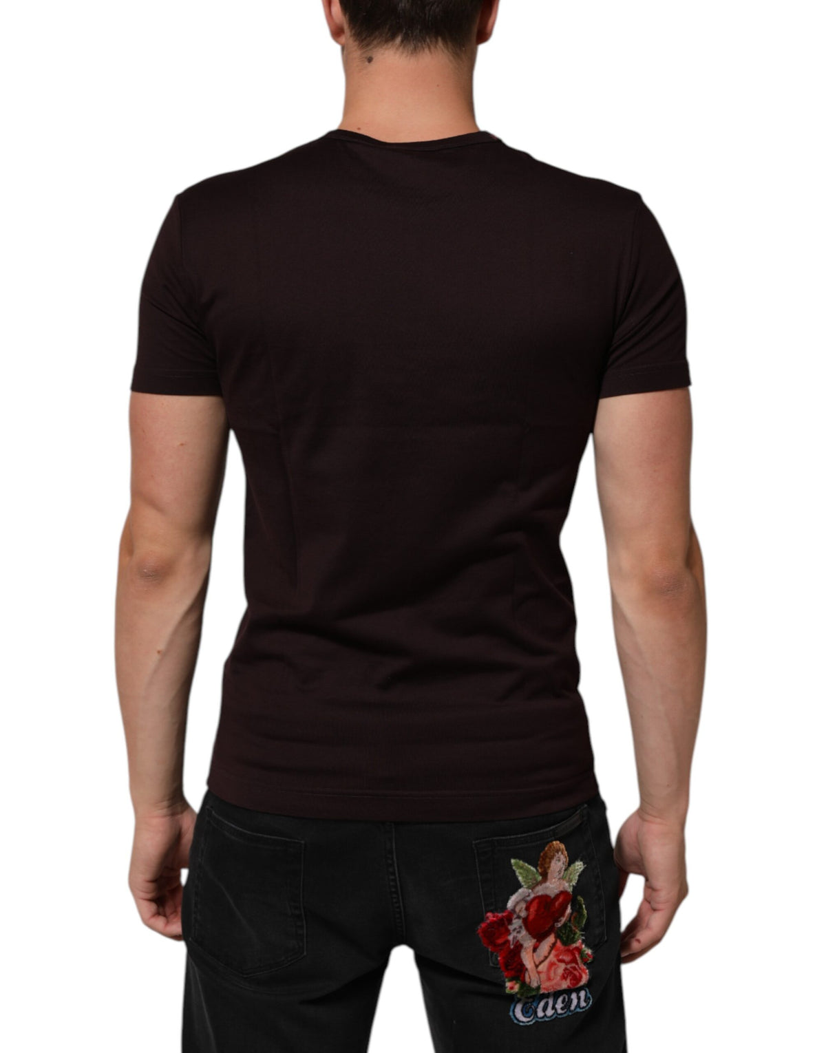 Dolce & Gabbana Brown Logo Plaque Cotton Crew Neck Men's T-shirt