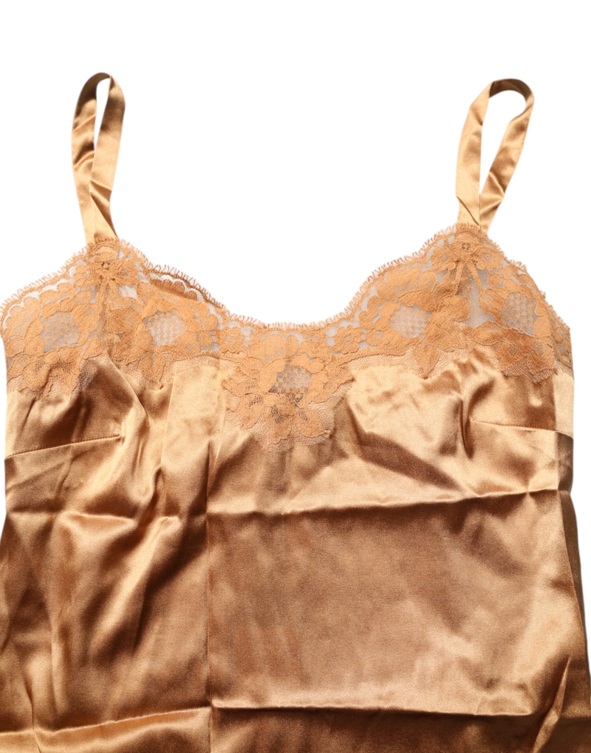 Dolce & Gabbana Brown Floral Lace Silk Satin Tank Lingerie Women's Underwear