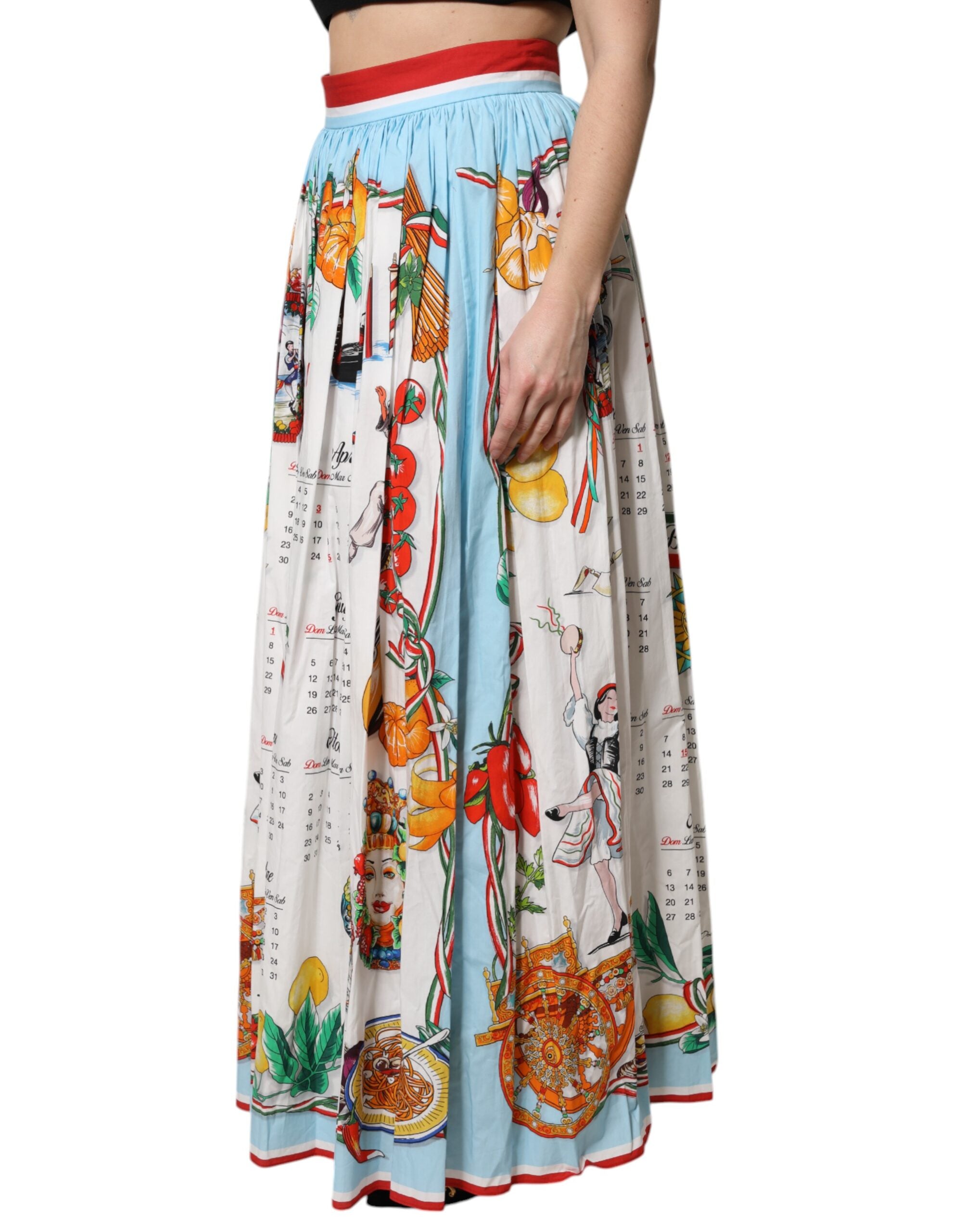 Dolce & Gabbana White Calendar Print Cotton Gathered Maxi Women's Skirt
