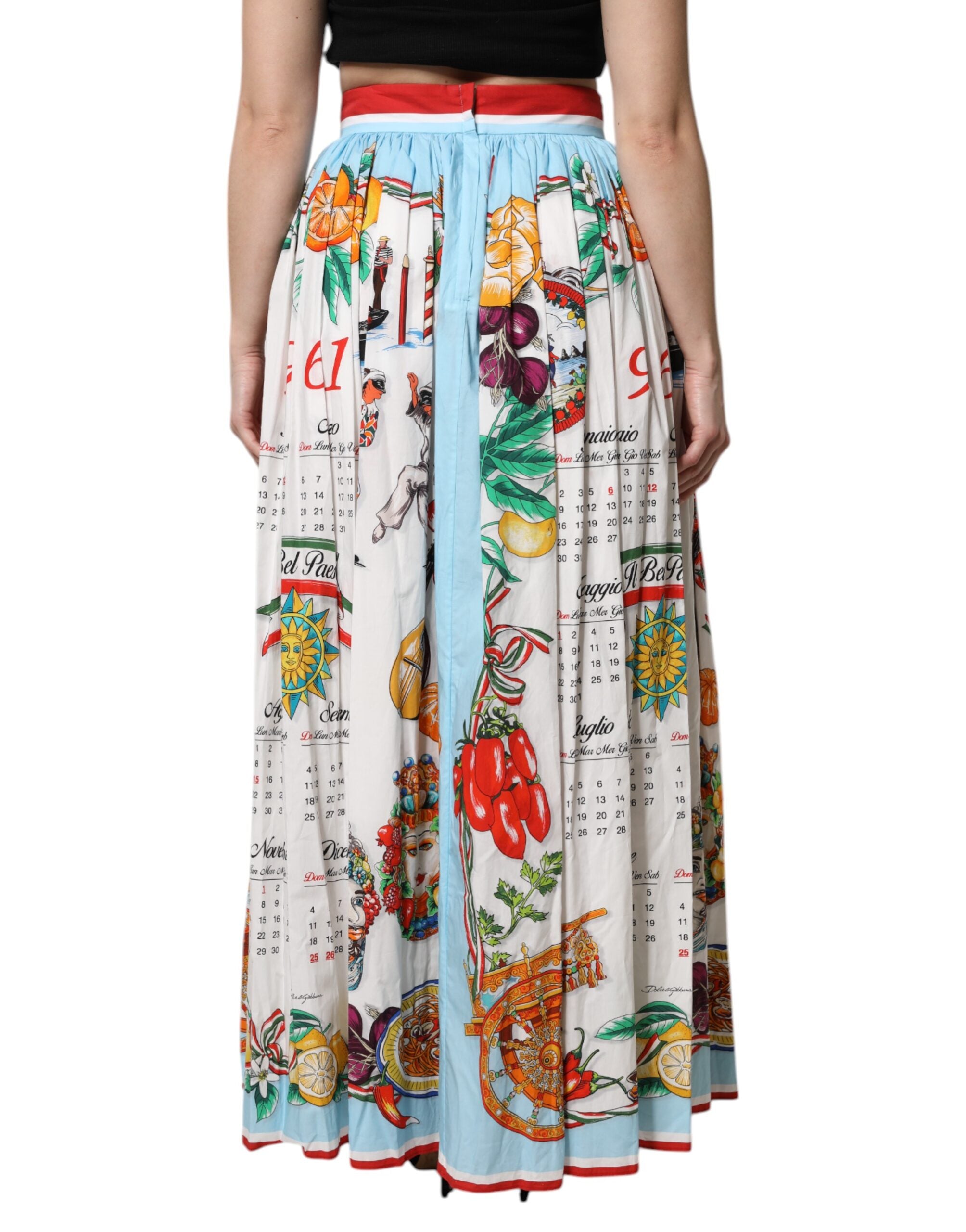 Dolce & Gabbana White Calendar Print Cotton Gathered Maxi Women's Skirt