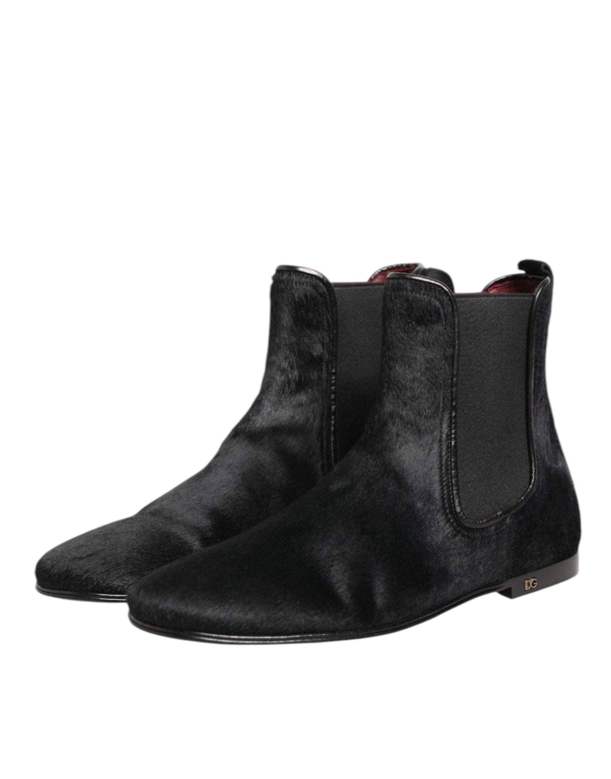 Dolce & Gabbana Black Leather Fur Men CHELSEA Boots Men's Shoes