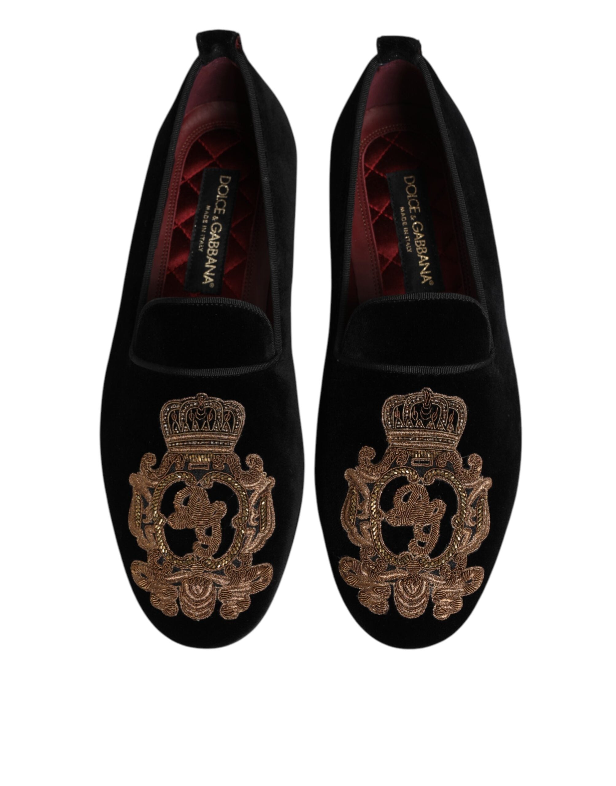 Dolce & Gabbana Black Velvet Gold Crown Mens Loafers Men's Shoes