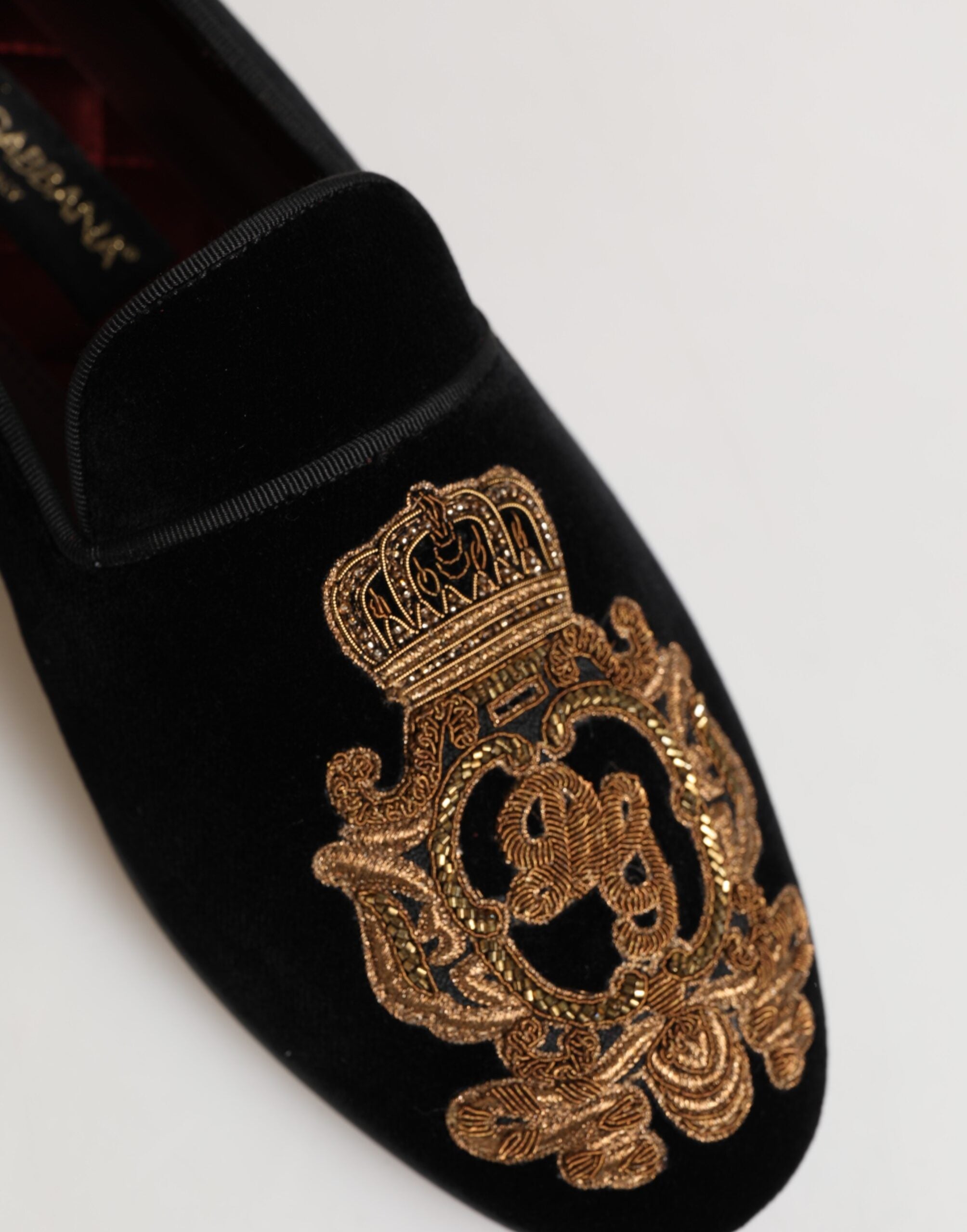 Dolce & Gabbana Black Velvet Gold Crown Mens Loafers Men's Shoes