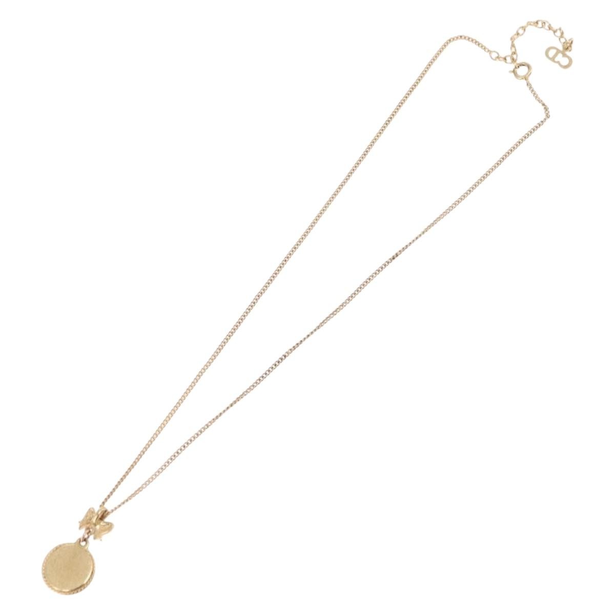 Christian Dior Round Logo Pendant Metal With Crystal Gold Metal Necklace Jewelry (Pre-Owned)