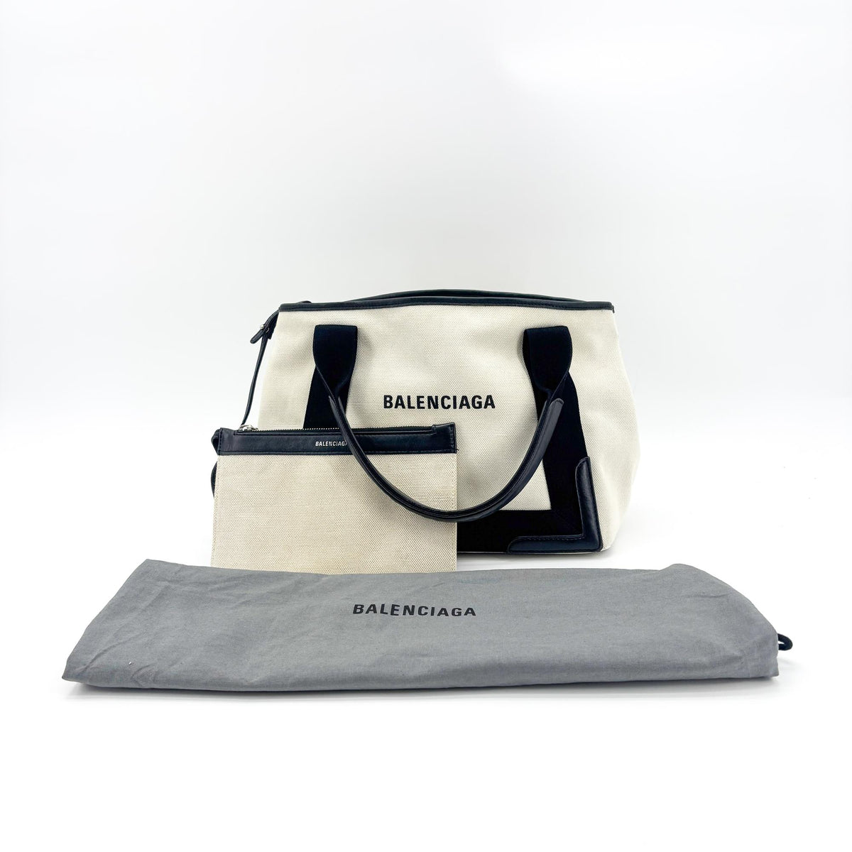 Balenciaga Navy Cabas Canvas With Leather Black Canvas Tote Bag Bag (Pre-Owned)