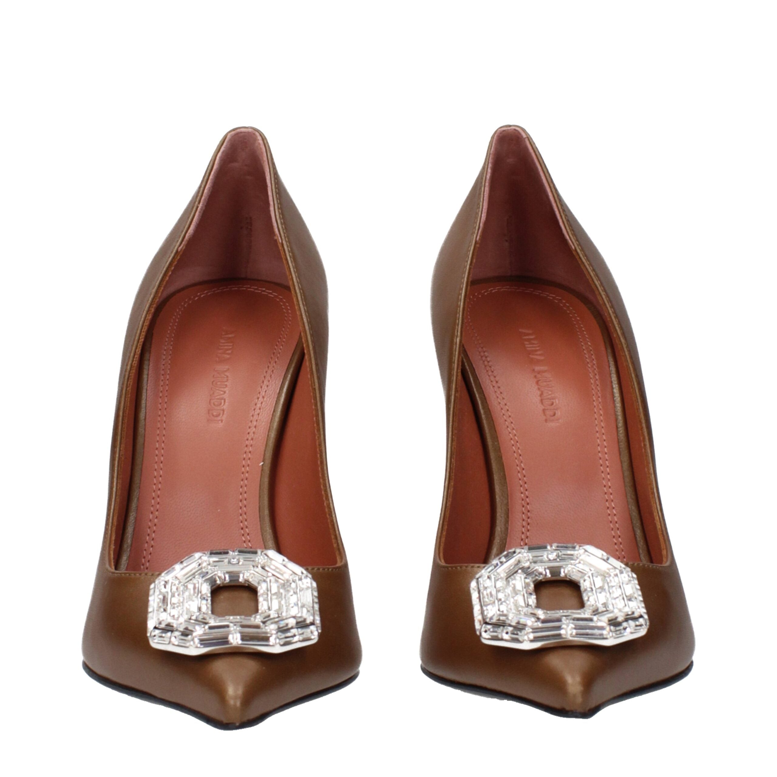 Amina Muaddi Brown Leather High Heel Women's Pumps