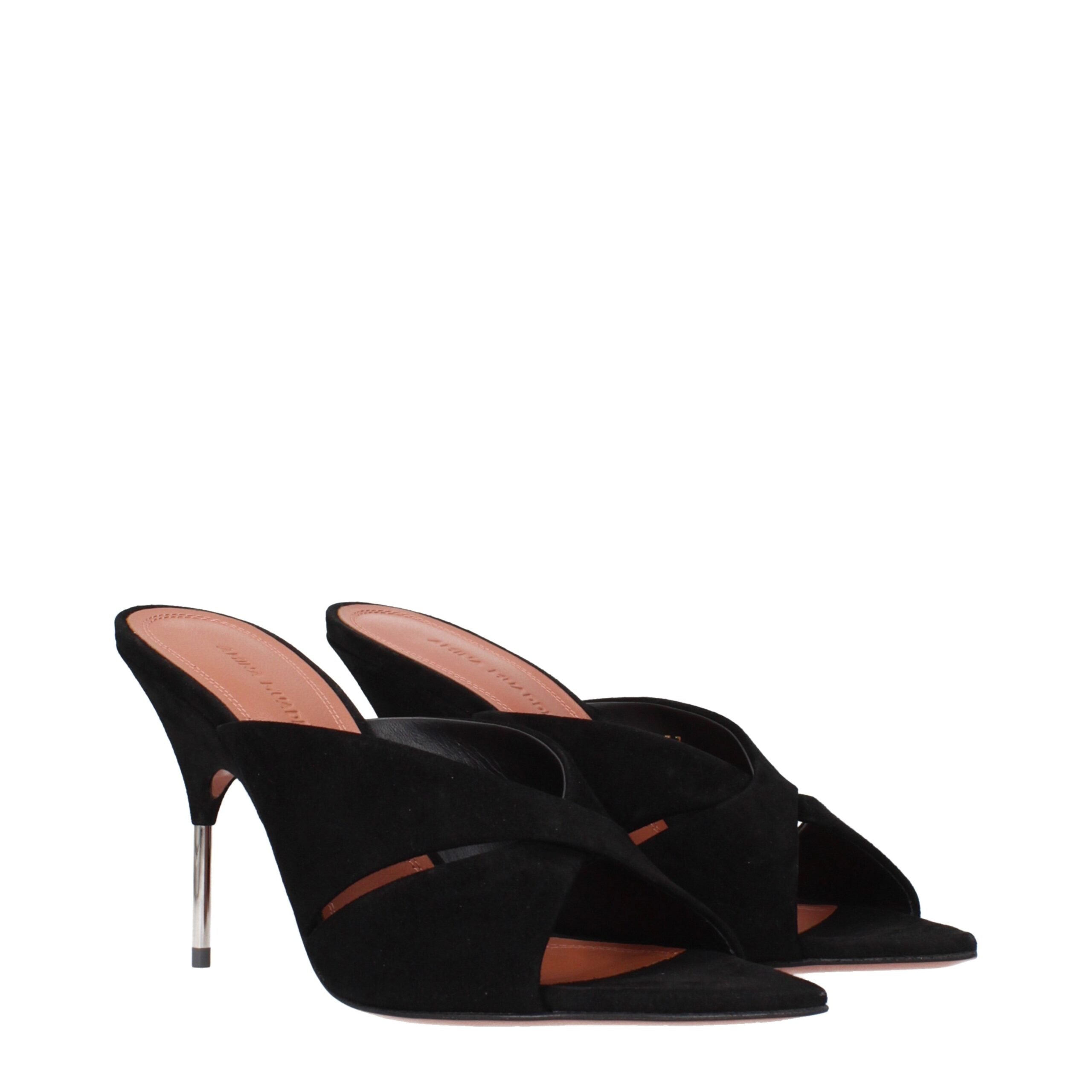 Amina Muaddi Black Leather Stiletto Heel Women's Sandals