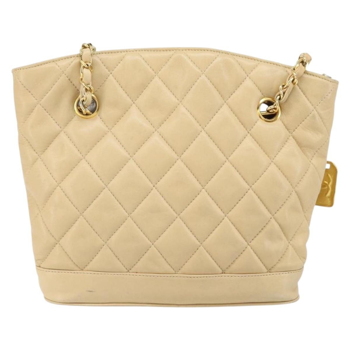 Chanel Vintage Cc Chain Shopper Quilted Leather Beige Leather Shoulder Bag Bag (Pre-Owned)
