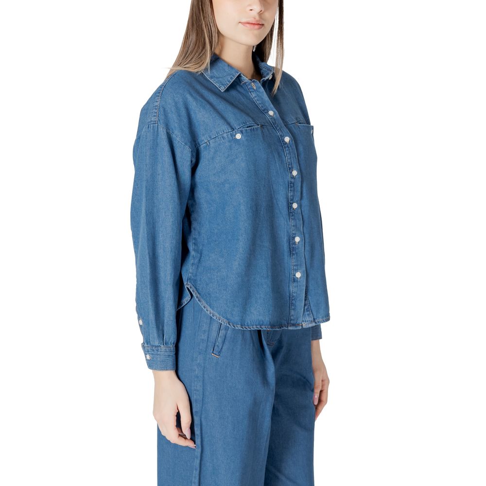 ICHI Blue Cotton Women's Blouse