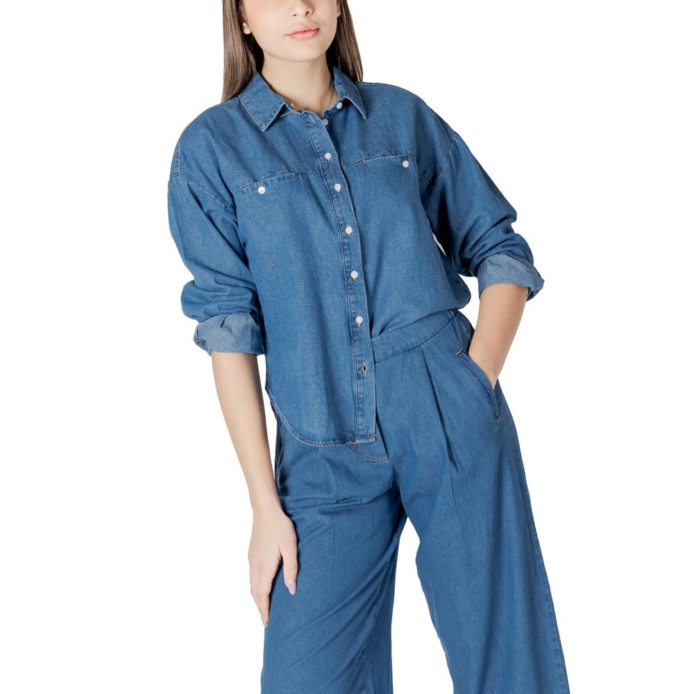 ICHI Blue Cotton Women's Blouse