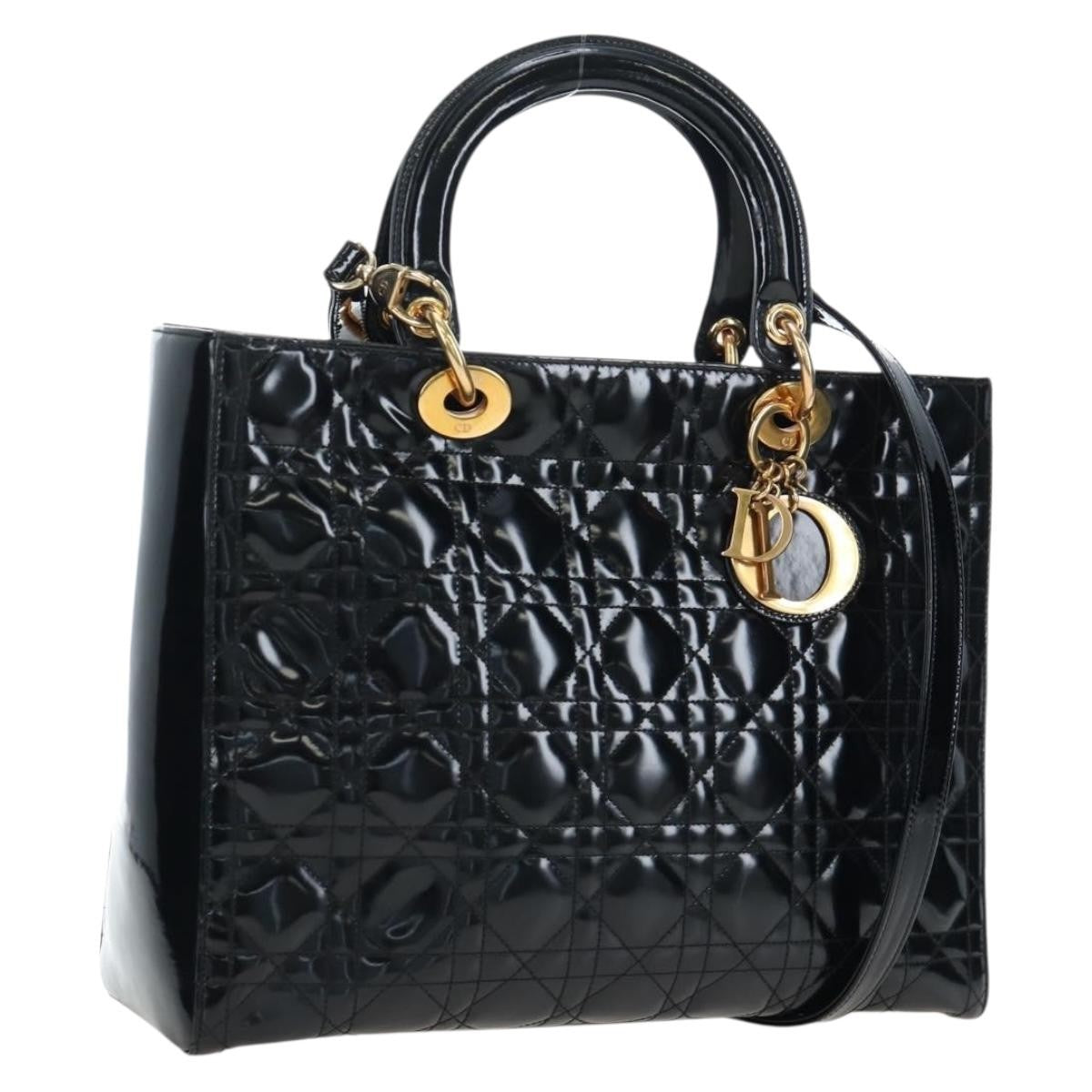 Christian Dior Lady Dior Cannage Black Patent_Leather Handbag (Pre-Owned)