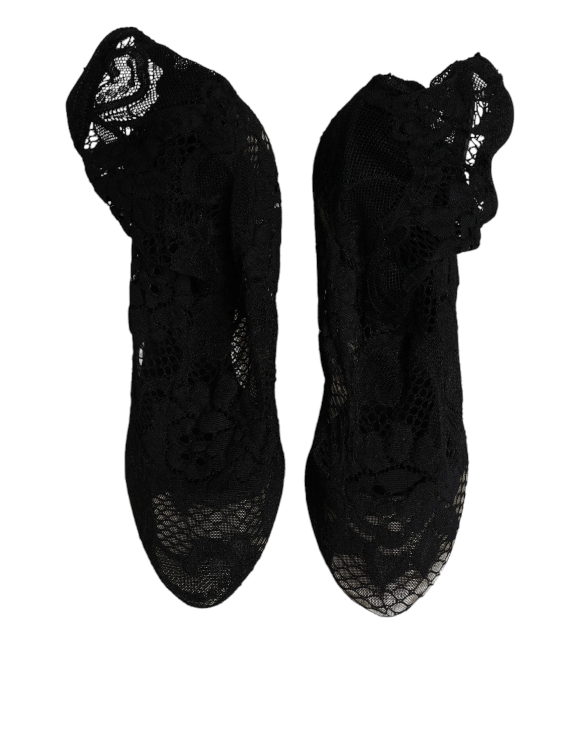 Dolce & Gabbana Black Lace Stretch Heels Mid Calf Boots Women's Shoes