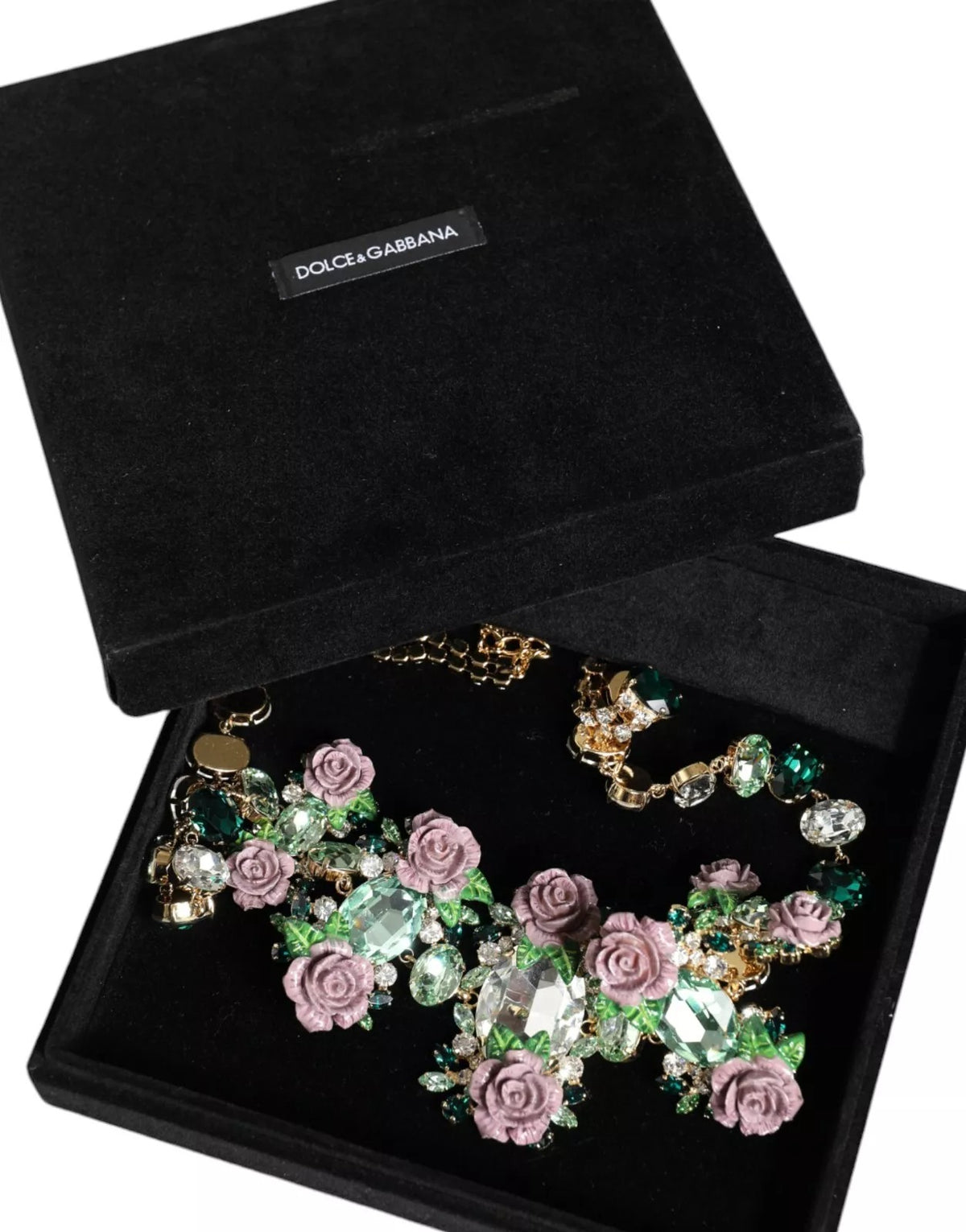 Dolce & Gabbana Gold Brass Link Chain Rose Petal Crystal Women's Necklace