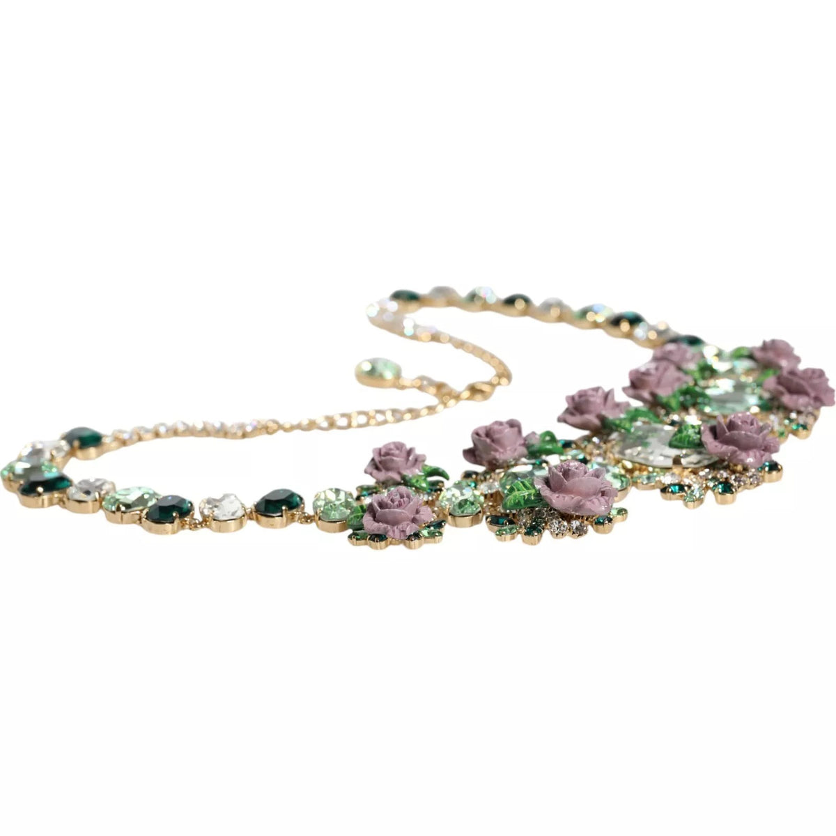 Dolce & Gabbana Gold Brass Link Chain Rose Petal Crystal Women's Necklace
