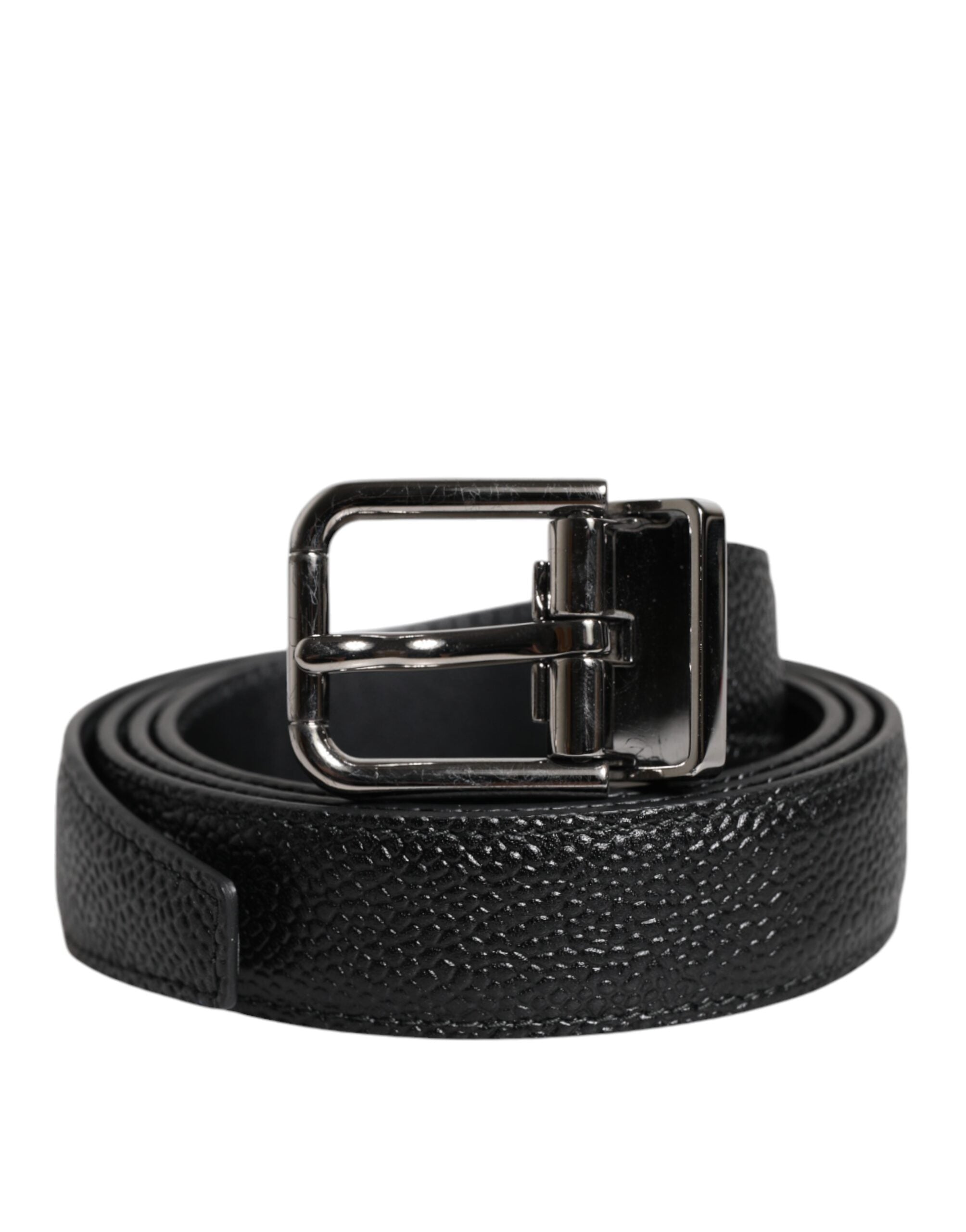 Dolce & Gabbana Black Textured Leather Silver Metal Buckle Men Men's Belt (Pre-Owned)