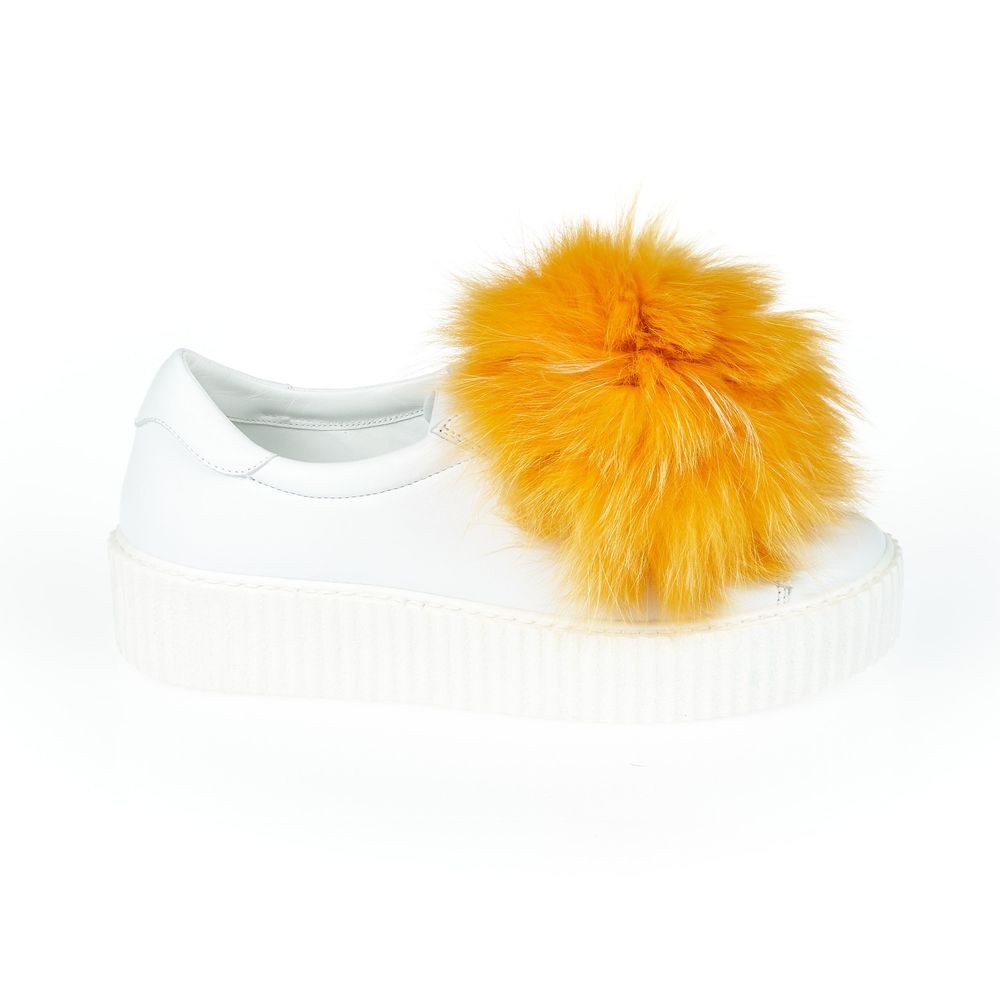 Mr&Mrs Italy White Textile Women Sneaker With Real Fur Pom Women's Poms