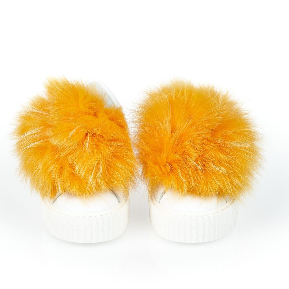Mr&Mrs Italy White Textile Women Sneaker With Real Fur Pom Women's Poms