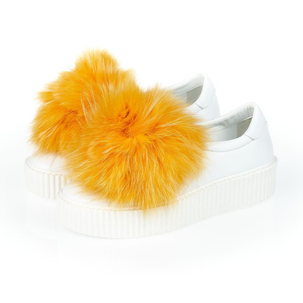 Mr&Mrs Italy White Textile Women Sneaker With Real Fur Pom Women's Poms