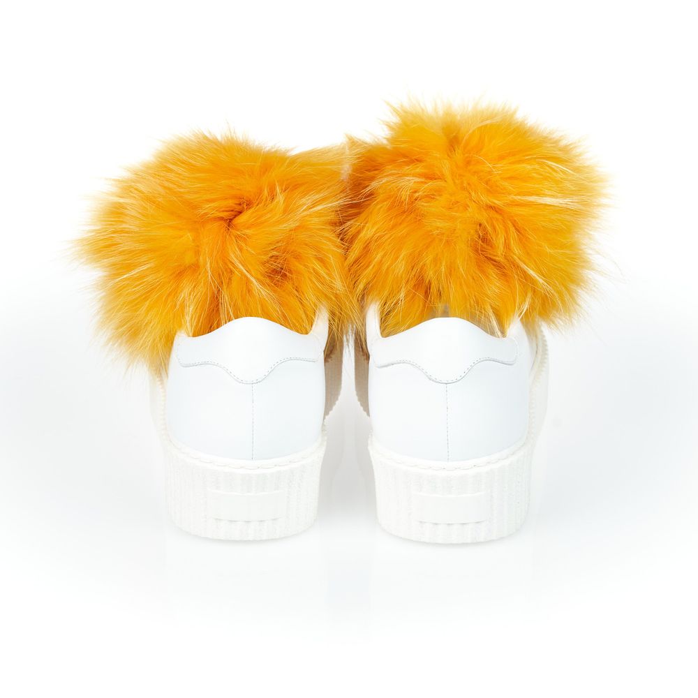 Mr&Mrs Italy White Textile Women Sneaker With Real Fur Pom Women's Poms