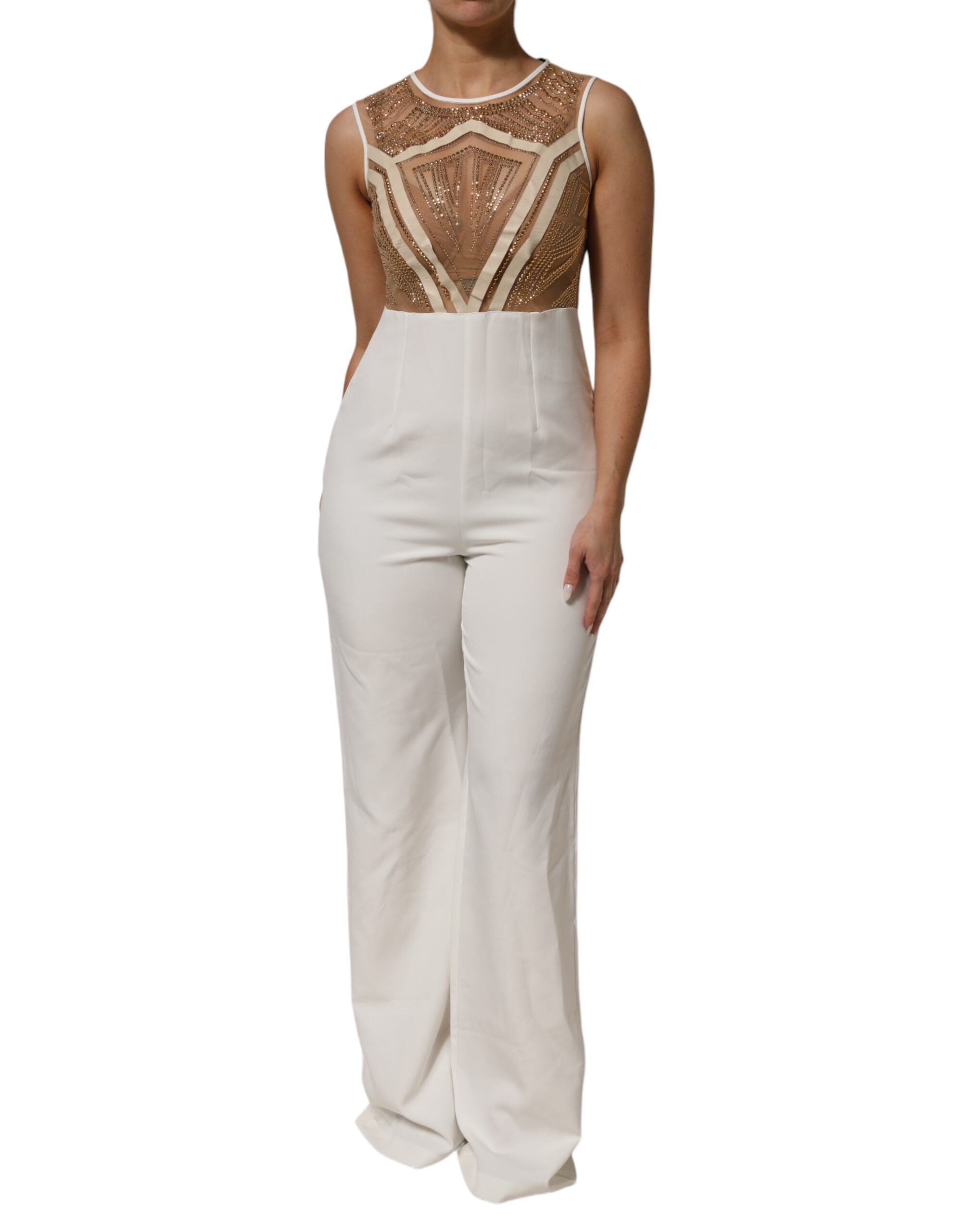 Mangano White Beige Mesh Crystal Embellished Sleeveless Women's Jumpsuit
