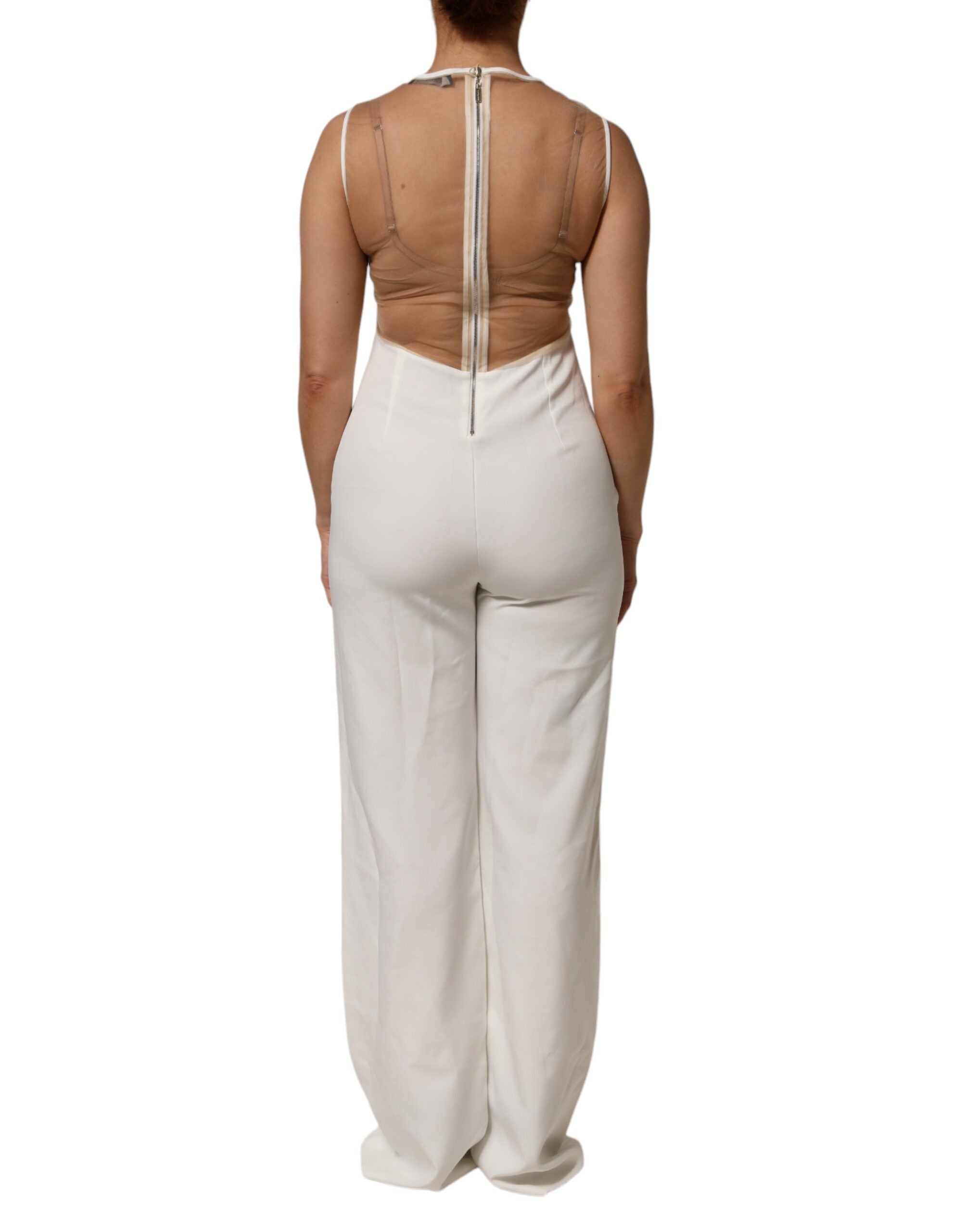 Mangano White Beige Mesh Crystal Embellished Sleeveless Women's Jumpsuit