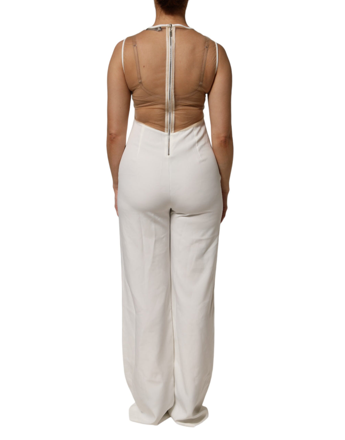 Mangano White Beige Mesh Crystal Embellished Sleeveless Women's Jumpsuit