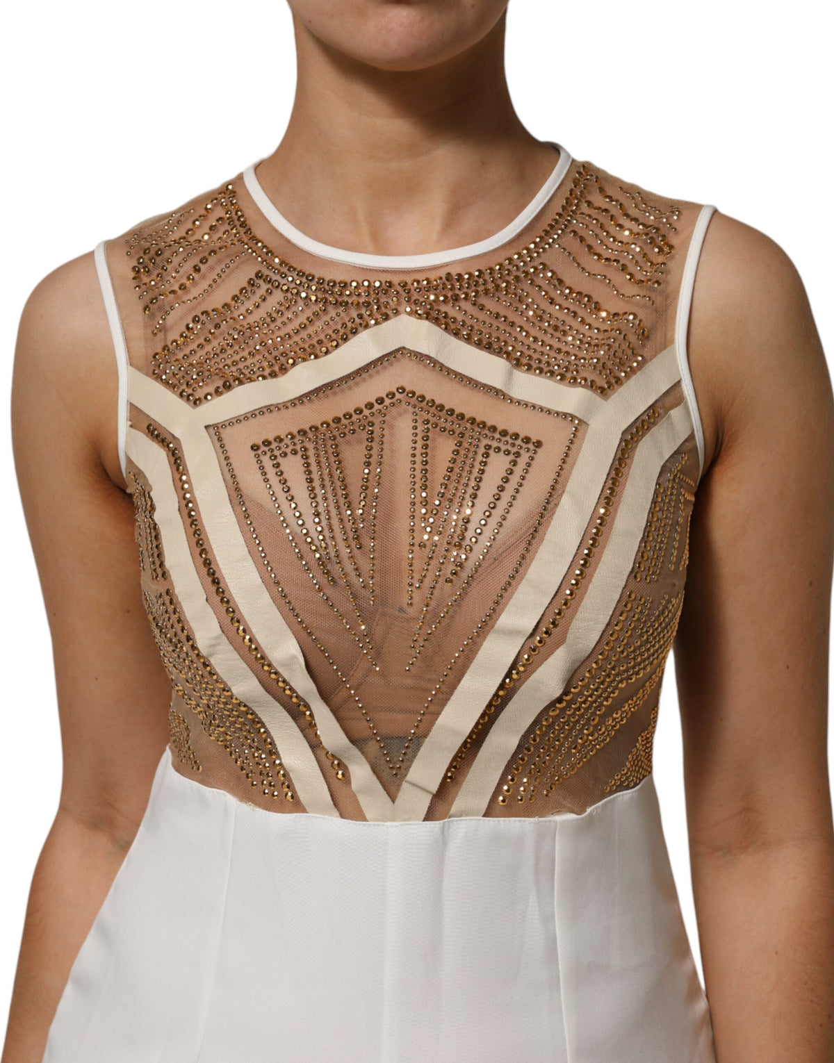 Mangano White Beige Mesh Crystal Embellished Sleeveless Women's Jumpsuit