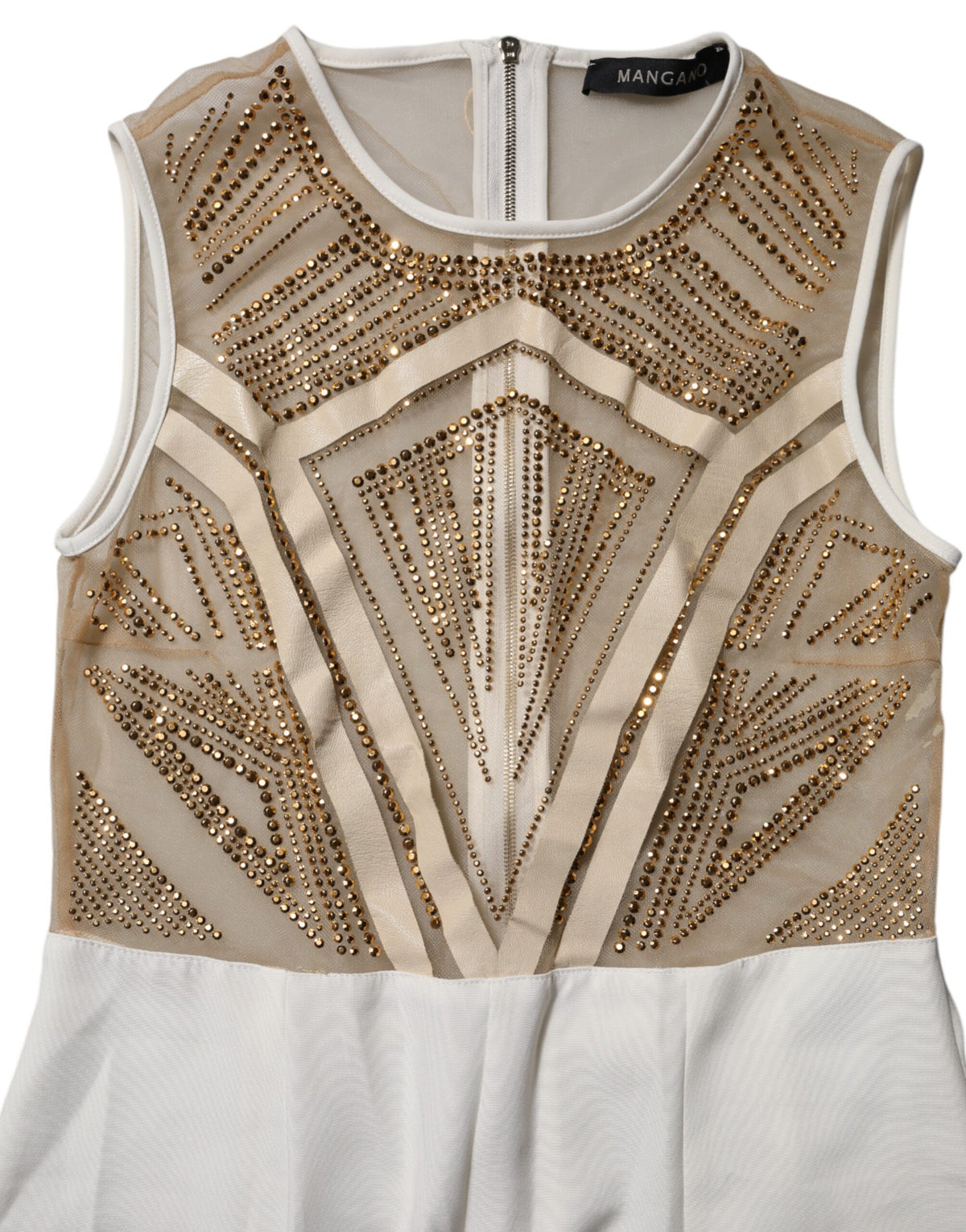 Mangano White Beige Mesh Crystal Embellished Sleeveless Women's Jumpsuit