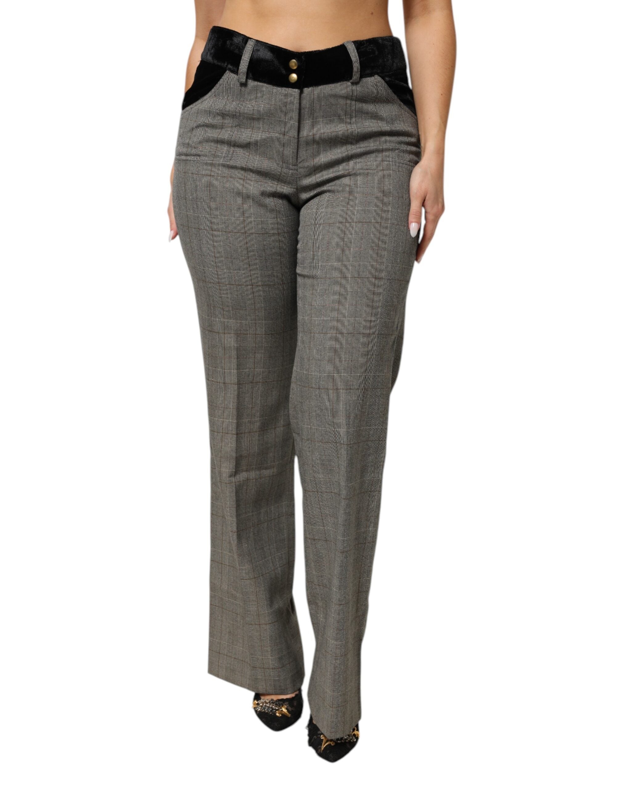 BENCIVENGA Gray Wool Blend Plaid Straight Leg Velvet Waist Women's Pants