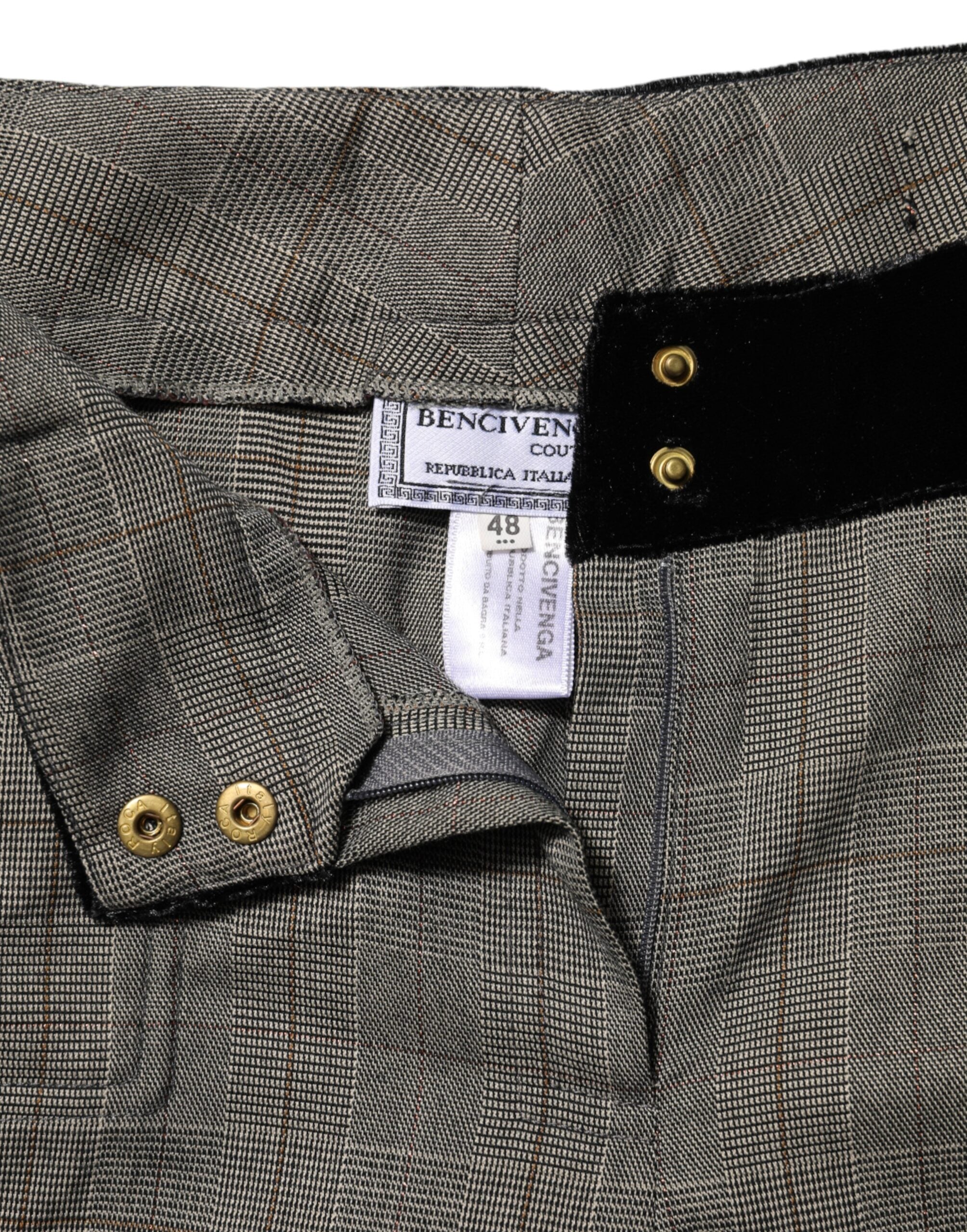 BENCIVENGA Gray Wool Blend Plaid Straight Leg Velvet Waist Women's Pants