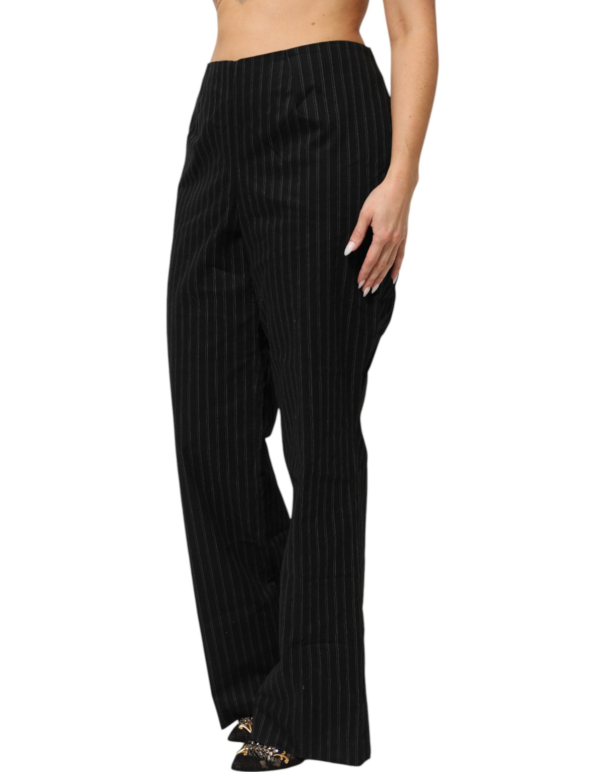 BENCIVENGA Black Wool Blend Pinstripe Straight Leg Women's Pants