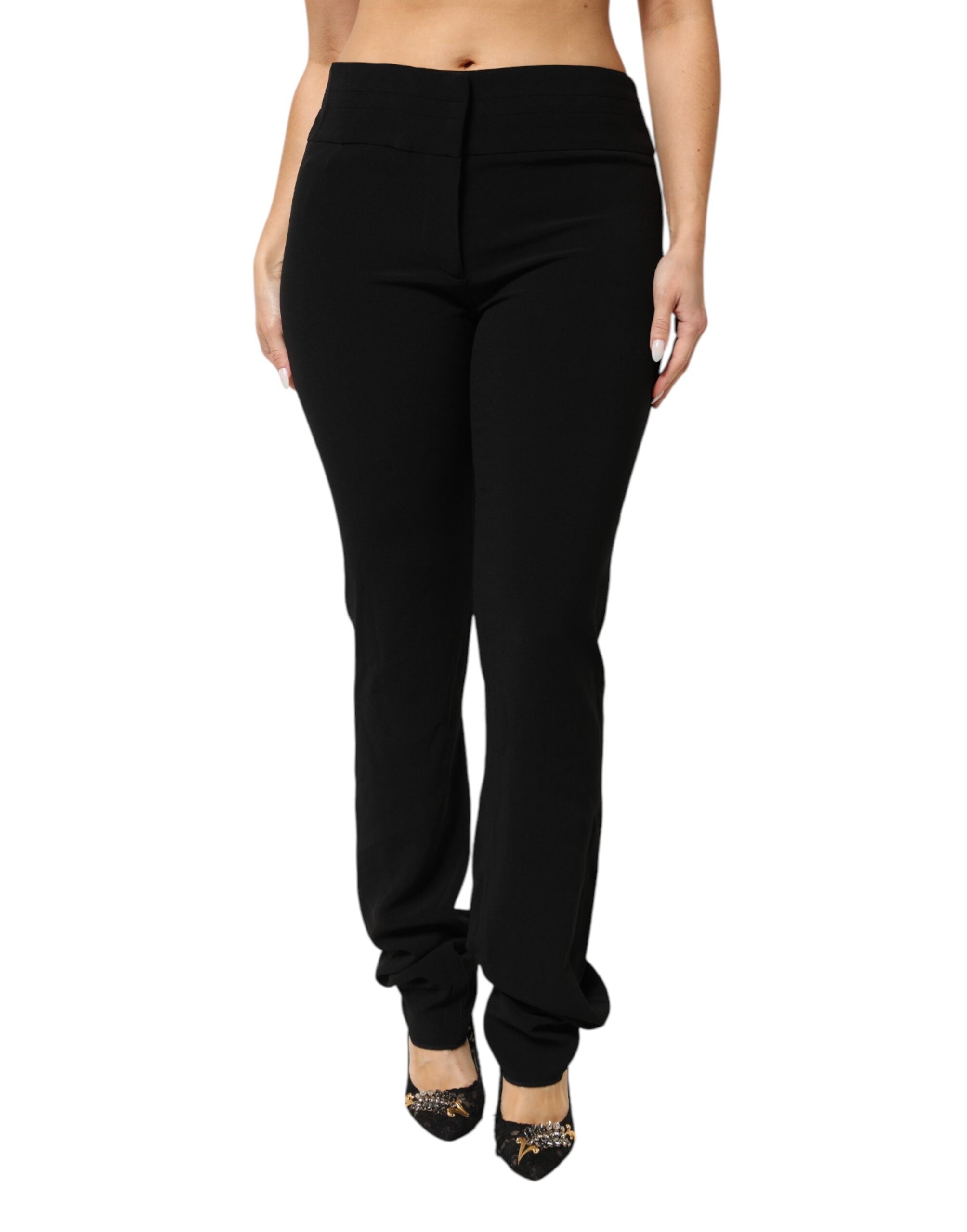Exte Black Viscose Acetate Blend Straight Leg High Waist Women's Pants