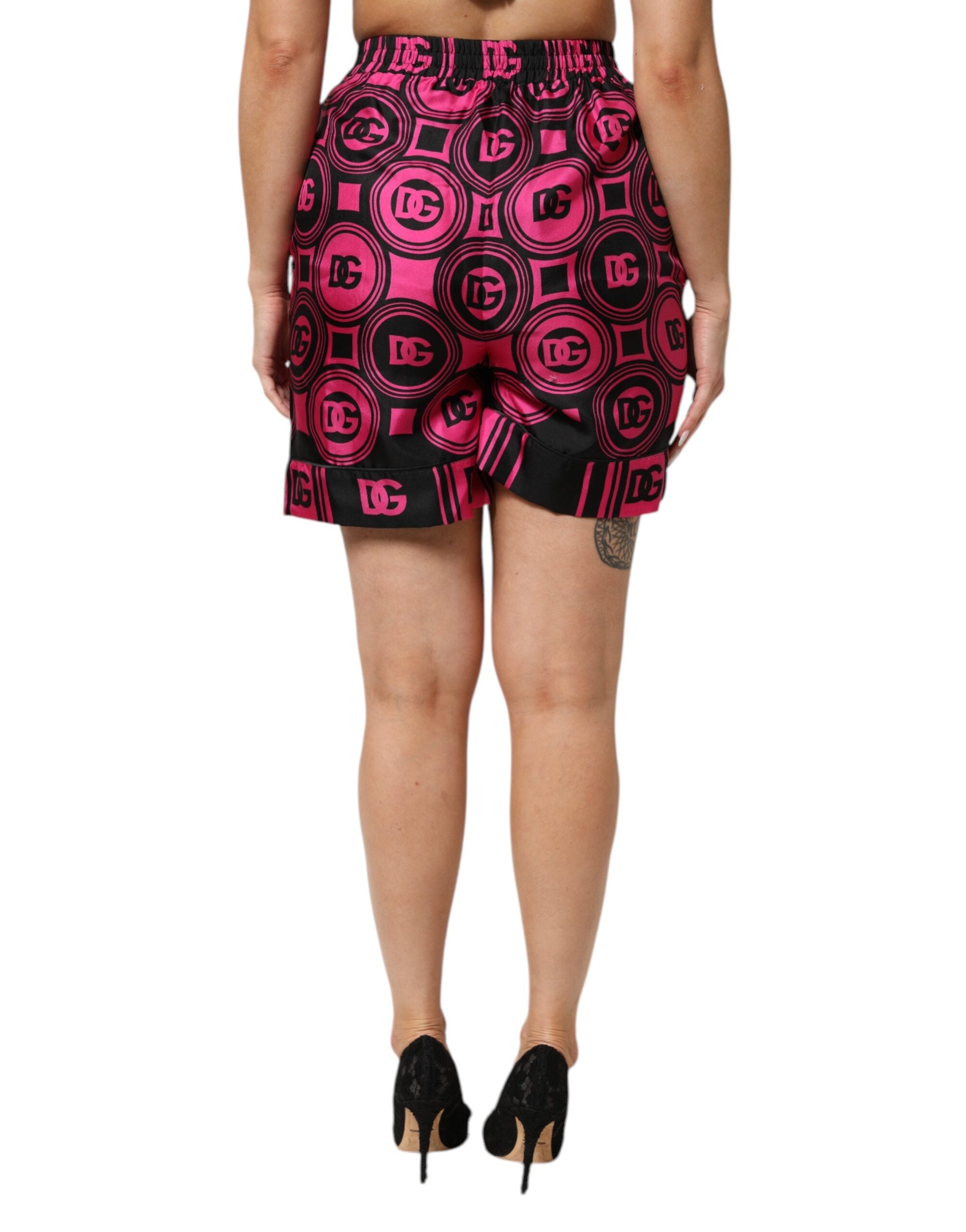 Dolce & Gabbana Pink Black Silk Logo Print DG Pattern Women's Shorts (Pre-Owned)