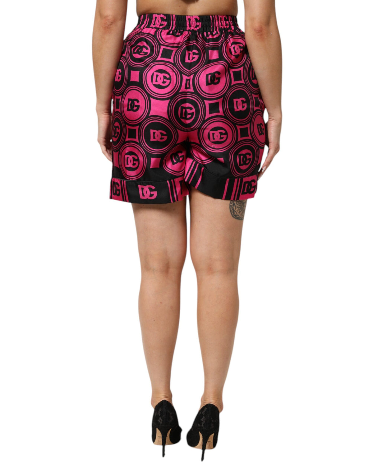 Dolce & Gabbana Pink Black Silk Logo Print DG Pattern Women's Shorts (Pre-Owned)