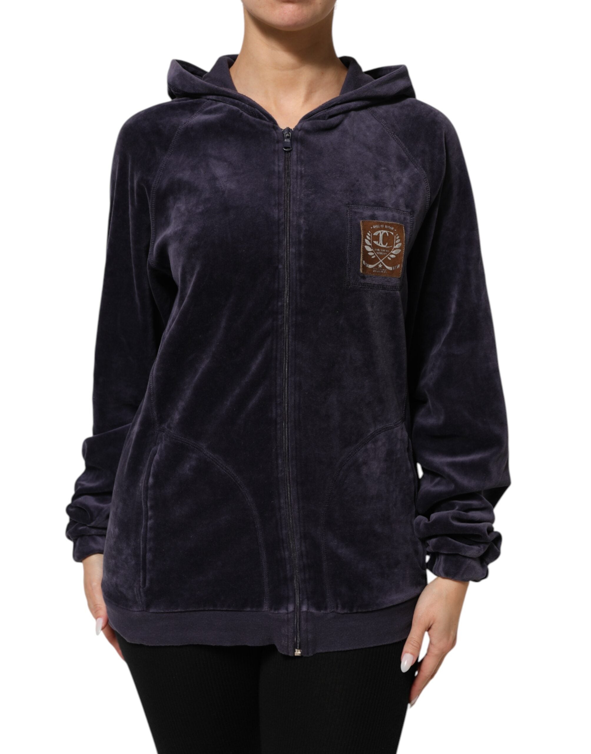 Cavalli Class Purple Cotton Blend Velvet Zip-Up Hoodie Sweatshirt Women's Sweater (Pre-Owned)