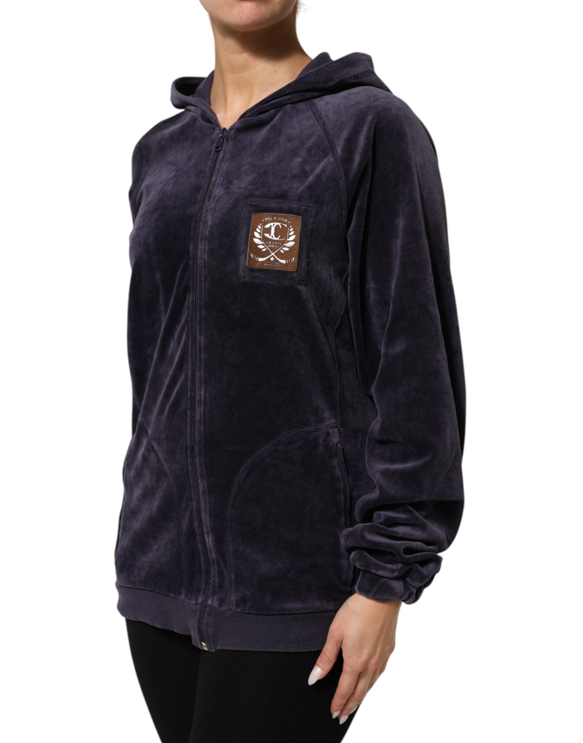 Cavalli Class Purple Cotton Blend Velvet Zip-Up Hoodie Sweatshirt Women's Sweater (Pre-Owned)