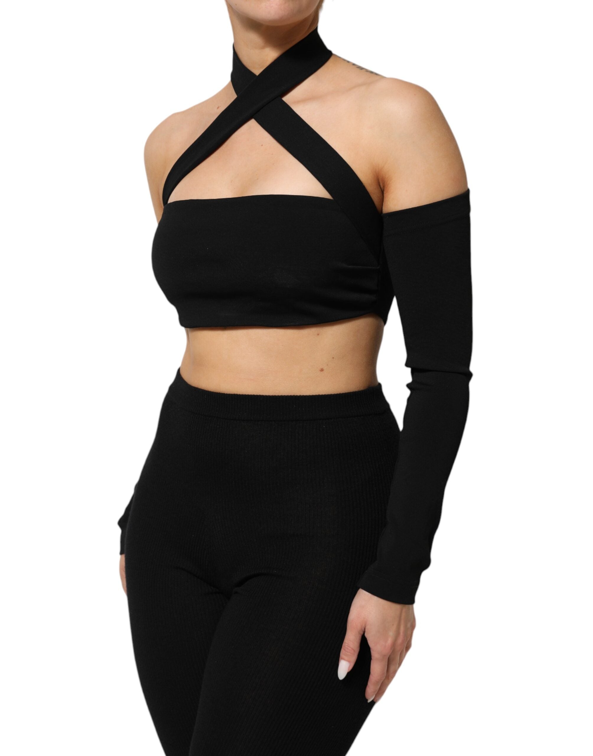 Dolce & Gabbana Black Viscose Halter Off Shoulder Cropped Women's Top (Pre-Owned)