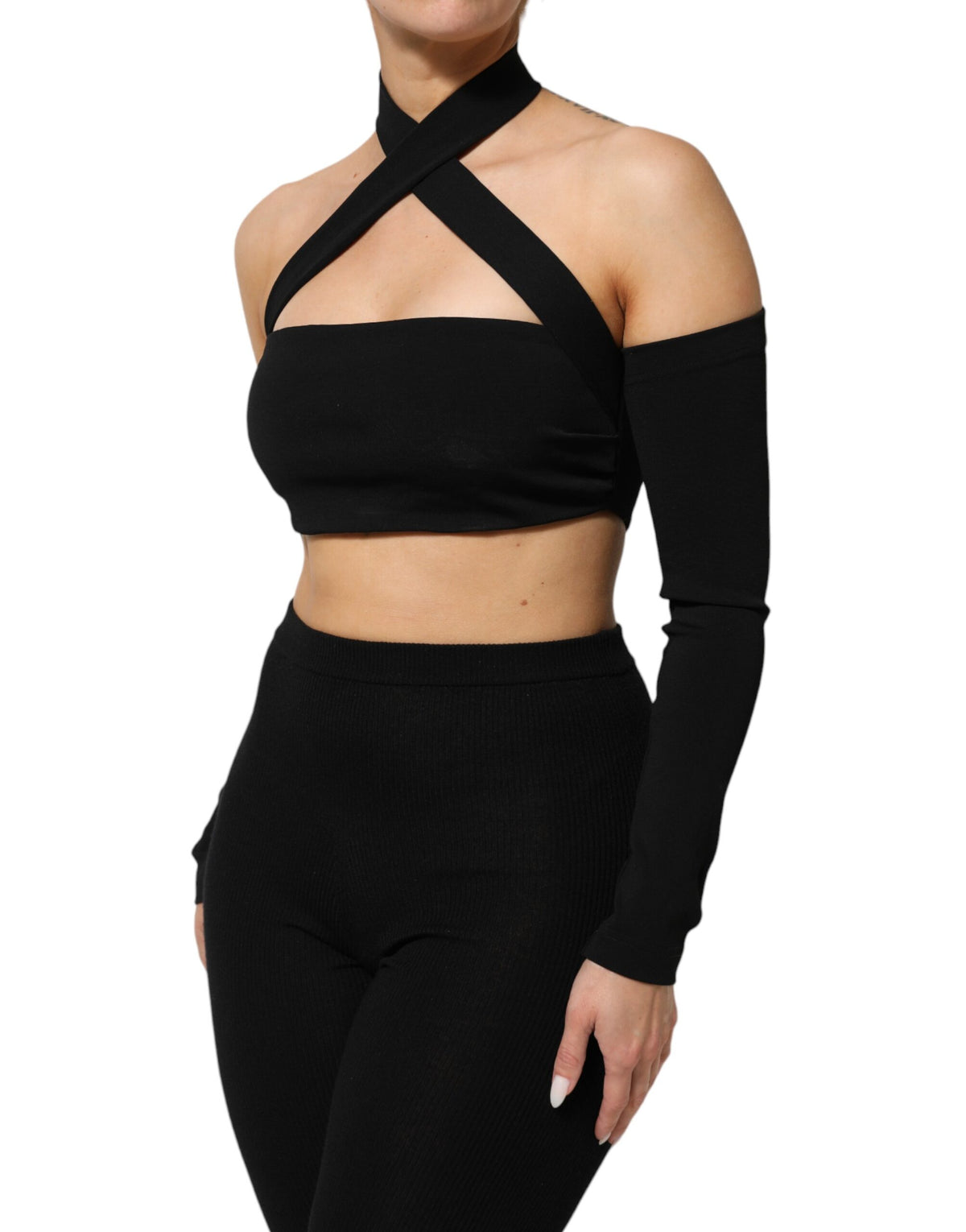 Dolce & Gabbana Black Viscose Halter Off Shoulder Cropped Women's Top (Pre-Owned)