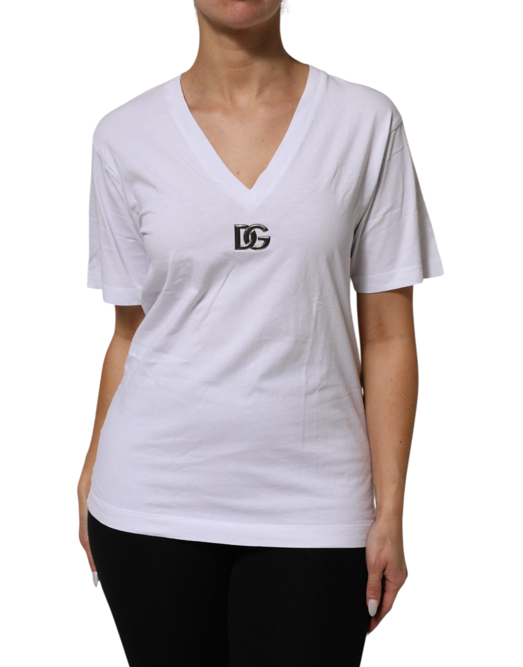 Dolce & Gabbana White Cotton V-Neck Short Sleeves Women's T-Shirt (Pre-Owned)